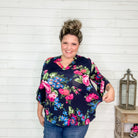 "Dynasty" Floral Split Neck 3/4 Sleeve with Ruffle Detail-Lola Monroe Boutique