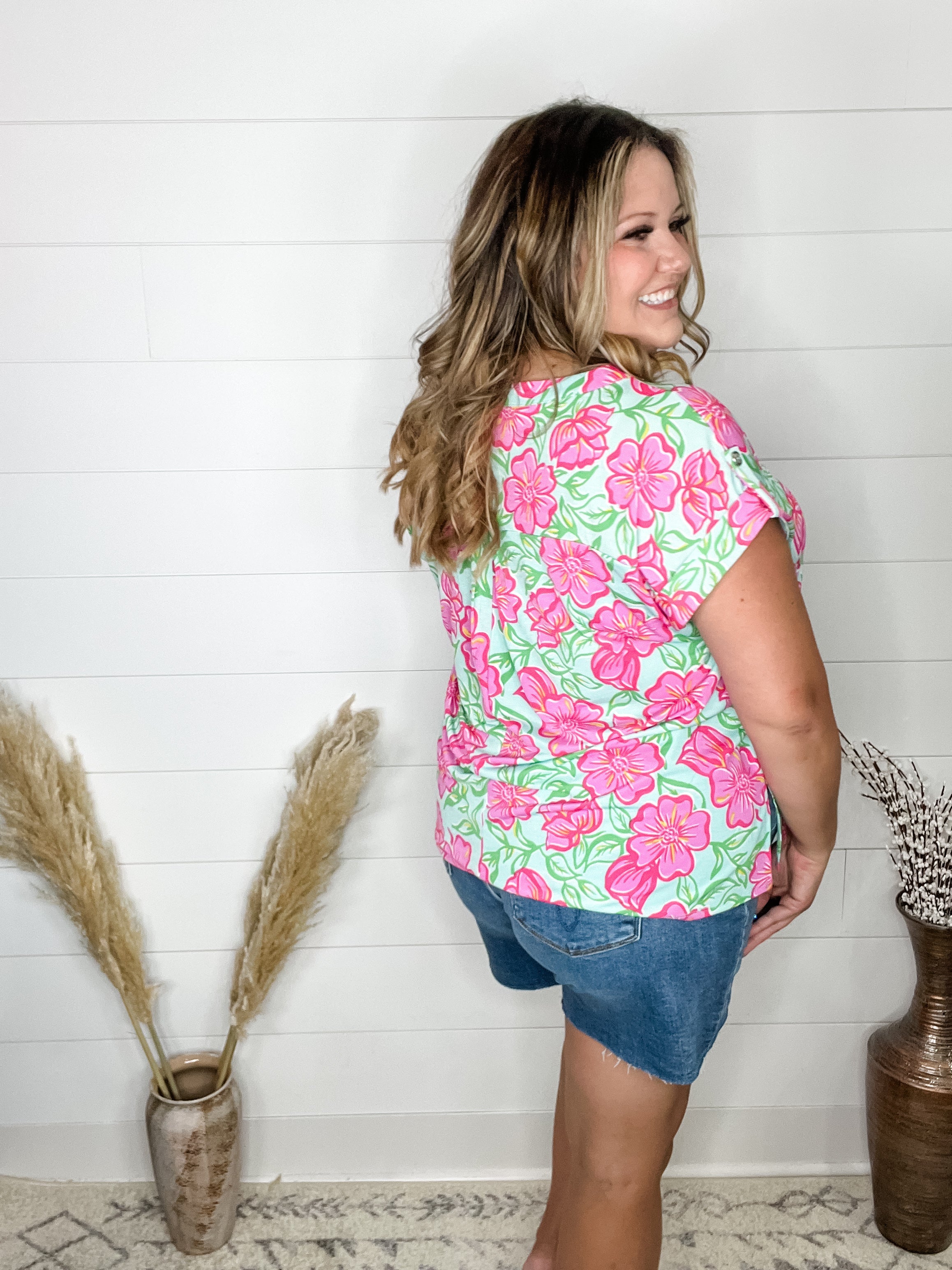 "Edamame" Split Neck Cuffed Short Sleeve-Lola Monroe Boutique