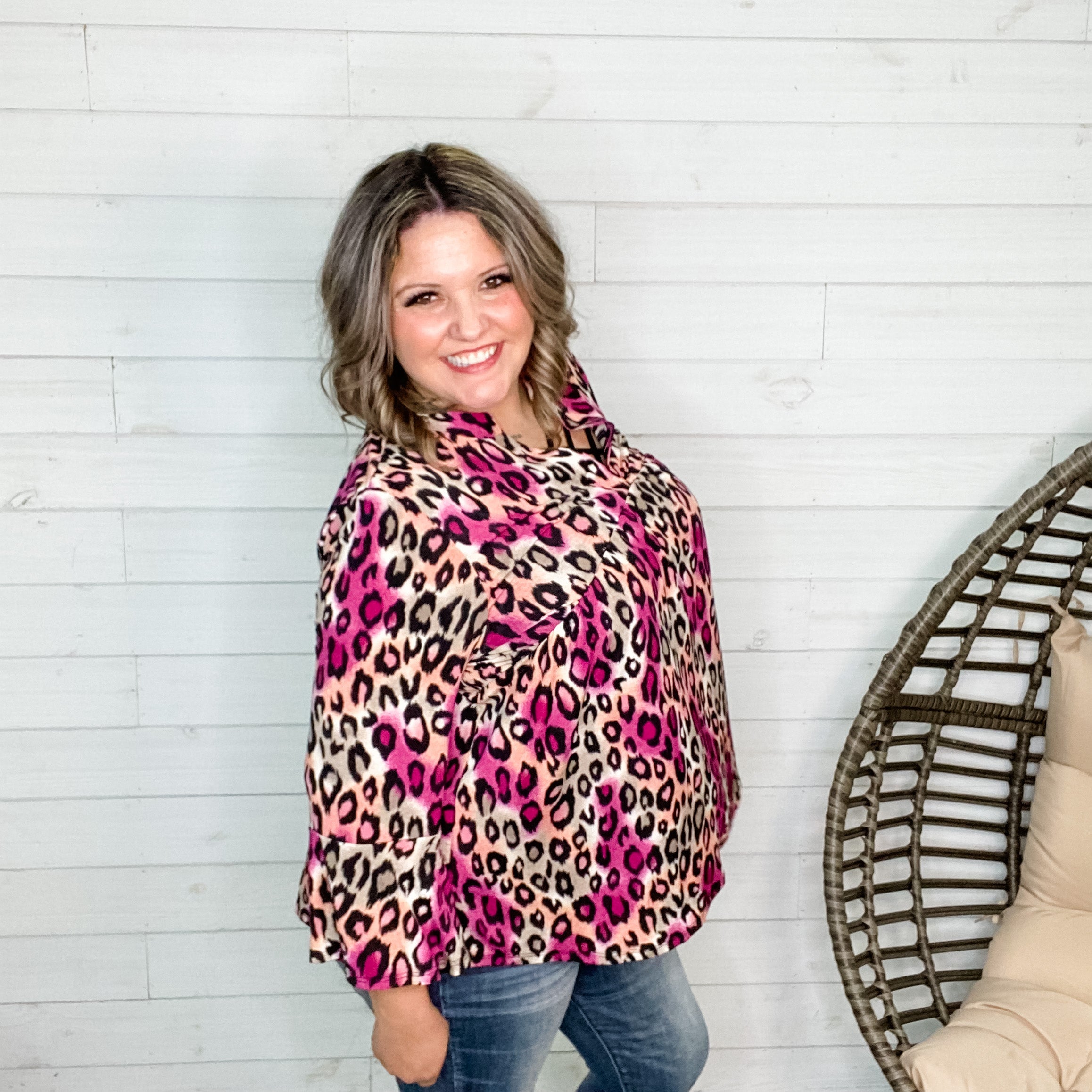 "Emersyn" Animal Print 3/4 Ruffle Sleeve Split Neck Babydoll-Lola Monroe Boutique