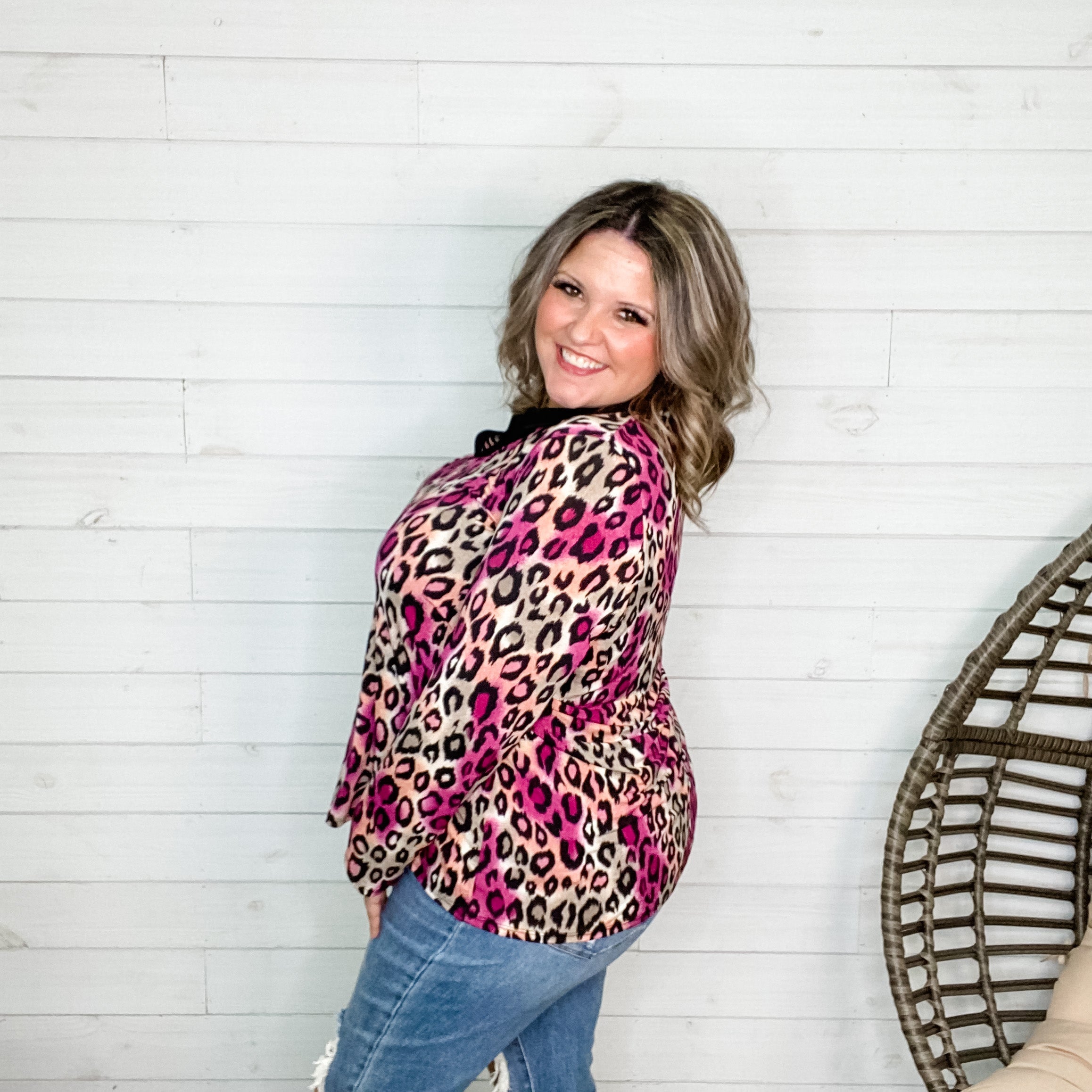 "Emersyn" Animal Print Collared Long SLeeve Split Neck-Lola Monroe Boutique