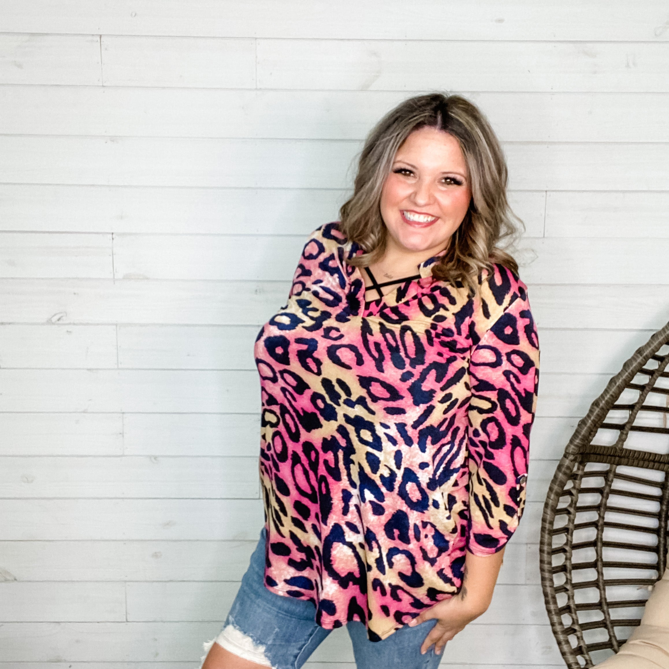 "Emery" Animal Print Lizzy 3/4 Sleeve Split Neck-Lola Monroe Boutique