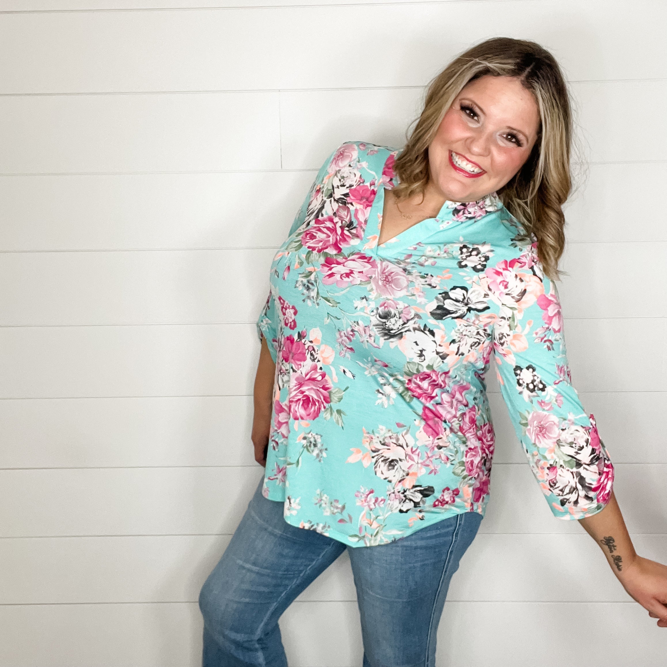 "Encounter" Floral Lizzy 3/4 Sleeve Split Neck Tops-Lola Monroe Boutique