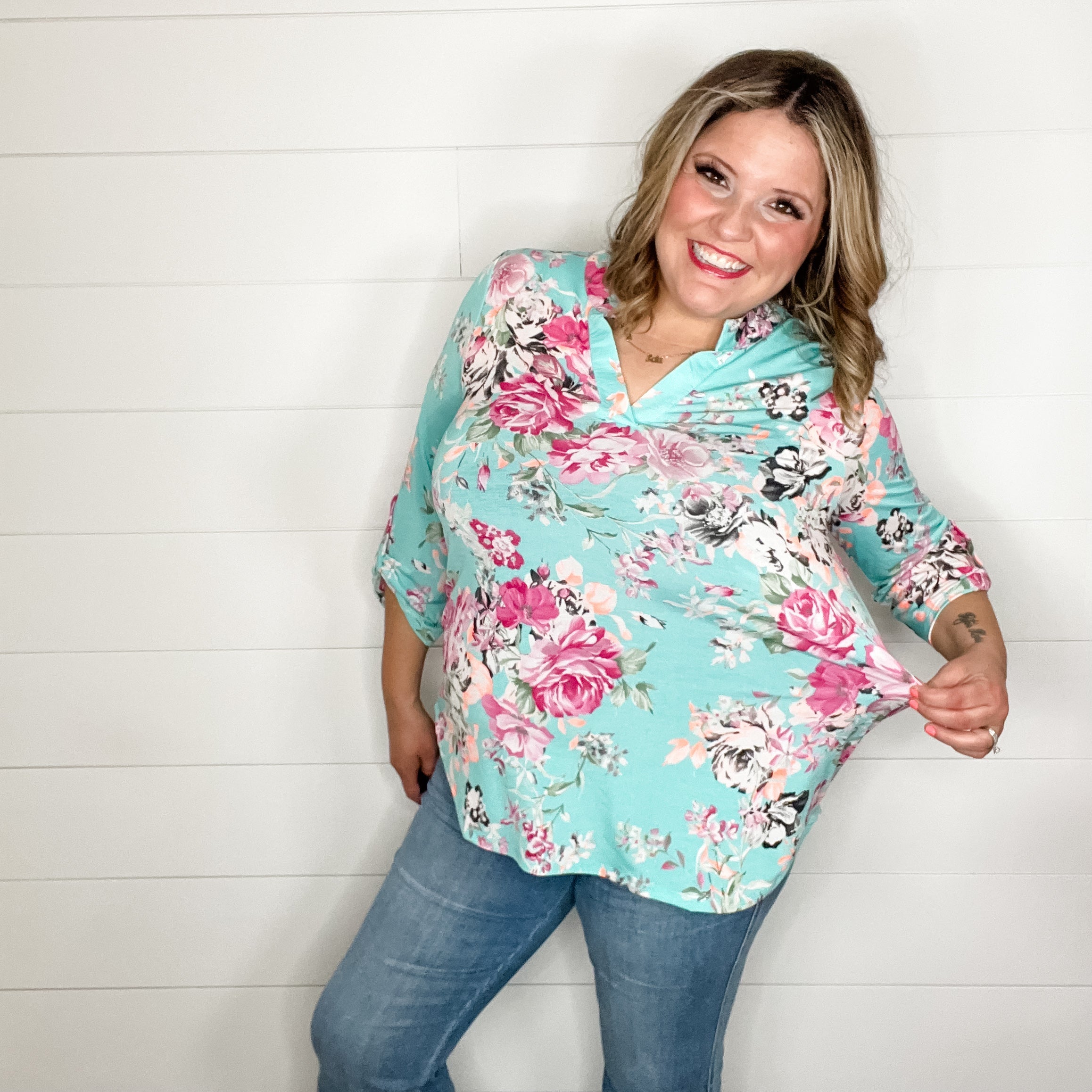 "Encounter" Floral Lizzy 3/4 Sleeve Split Neck Tops-Lola Monroe Boutique