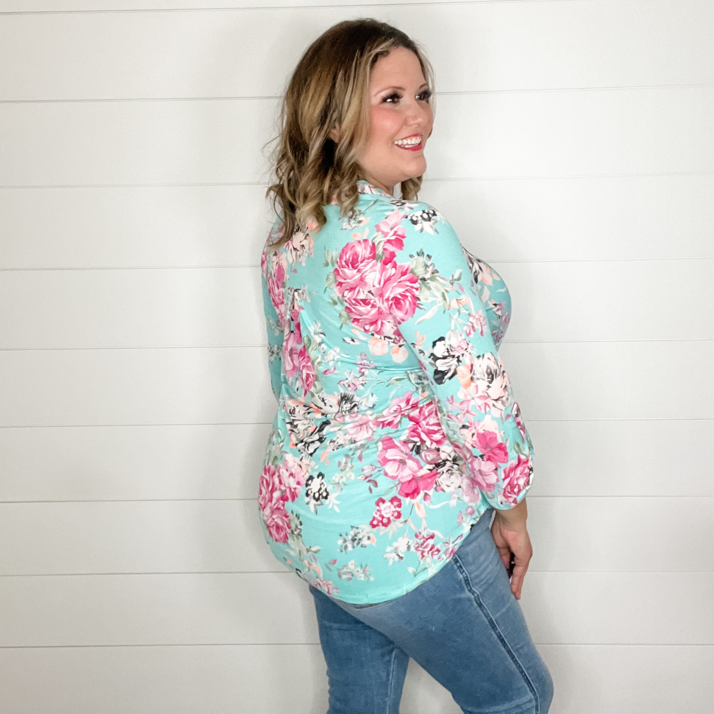 "Encounter" Floral Lizzy 3/4 Sleeve Split Neck Tops-Lola Monroe Boutique