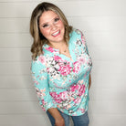 "Encounter" Floral Lizzy 3/4 Sleeve Split Neck Tops-Lola Monroe Boutique