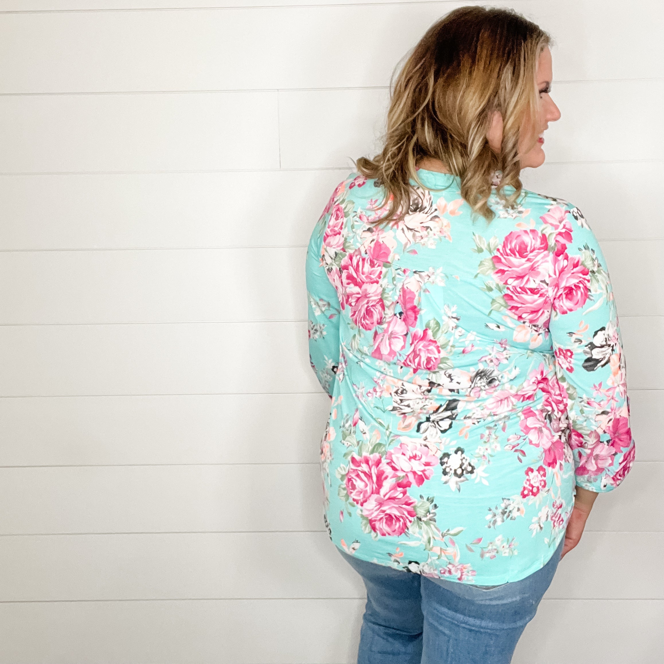 "Encounter" Floral Lizzy 3/4 Sleeve Split Neck Tops-Lola Monroe Boutique