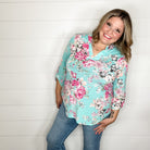 "Encounter" Floral Lizzy 3/4 Sleeve Split Neck Tops-Lola Monroe Boutique