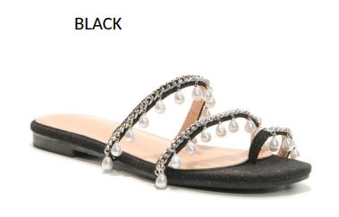 "Engaged" Pearl Embellished Flat Sandal (Black)-Lola Monroe Boutique