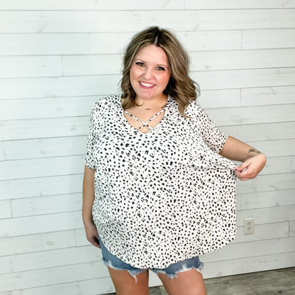"Enid" Short Sleeve V Neck Babydoll with Criss Cross Detail