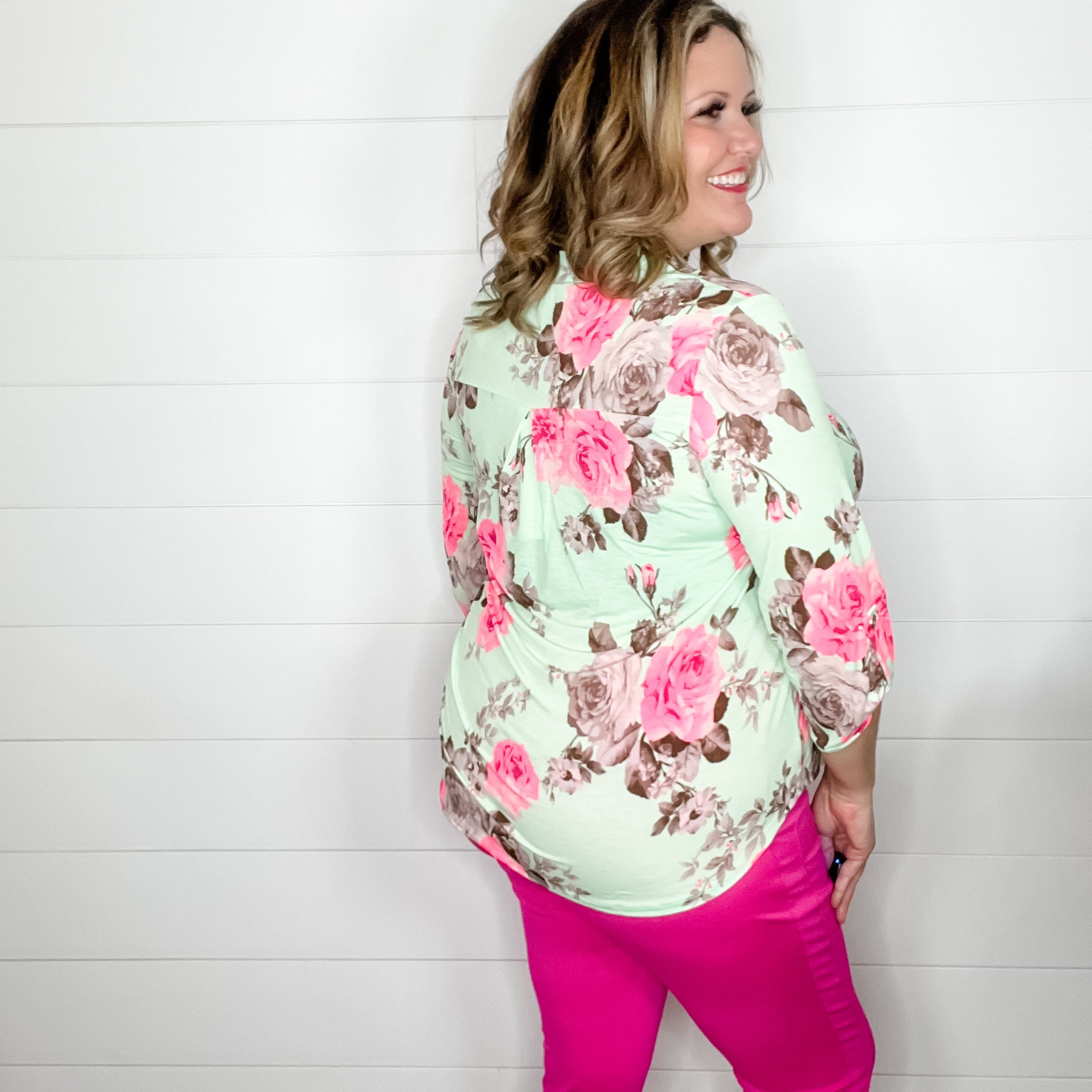 "Entrapment" Floral Lizzy 3/4 Sleeve Split Neck Tops-Lola Monroe Boutique