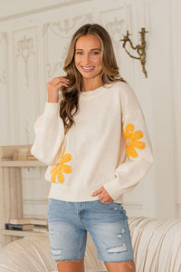 "Diego" Flower Accent Sweater with Jewel Embellishments