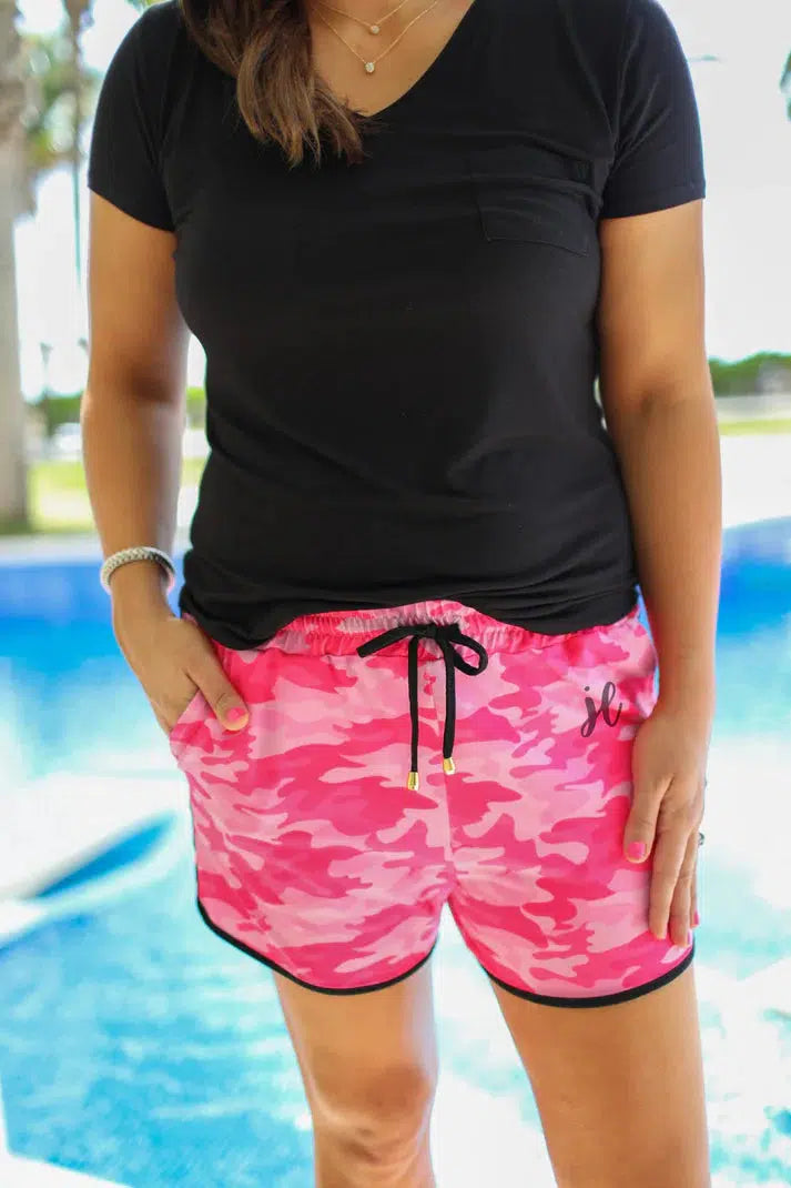 Everyday Shorts Drawstring Waist (Pink Camo)-Lola Monroe Boutique