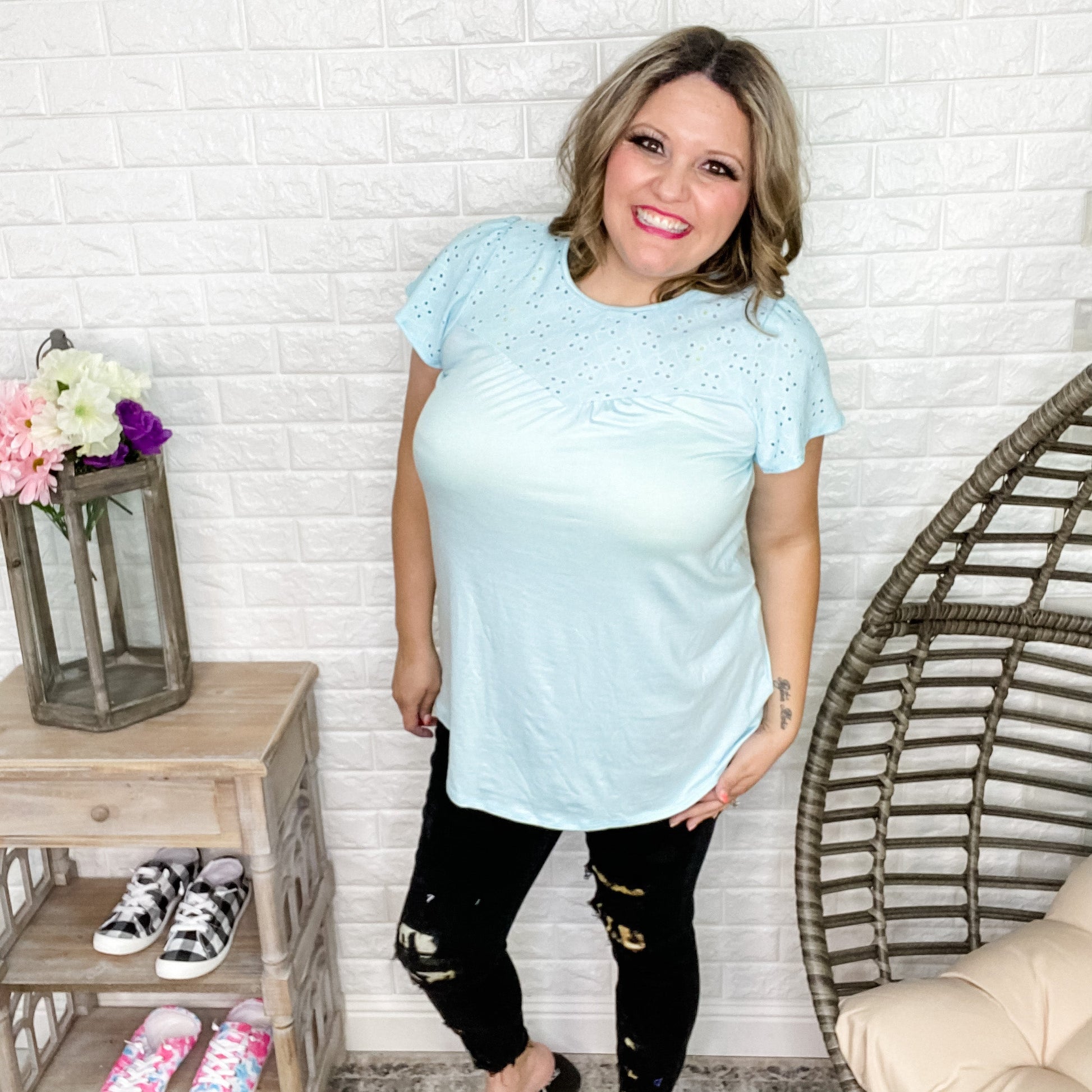 Eyelet Accent Top (Spring Blue)