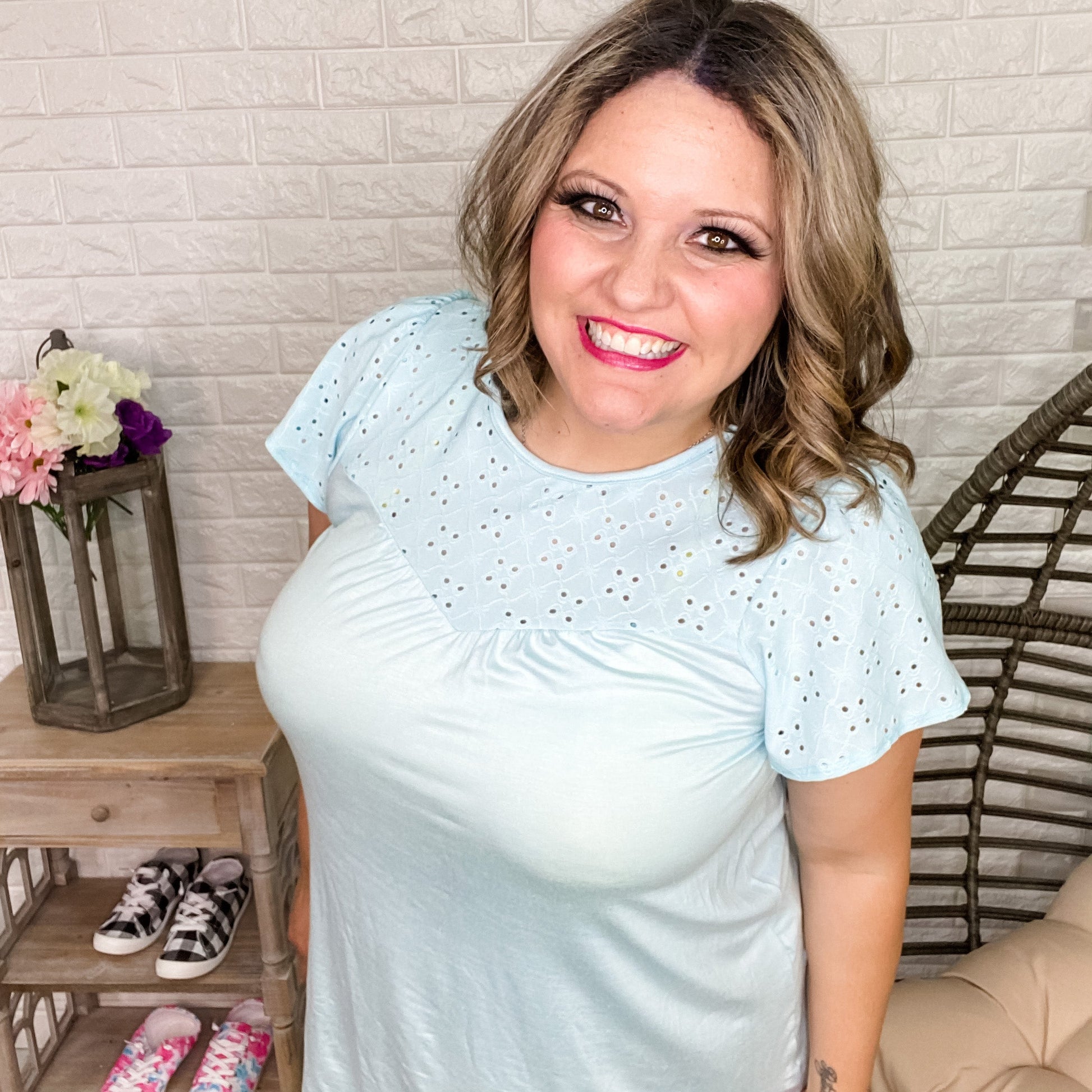 Eyelet Accent Top (Spring Blue)