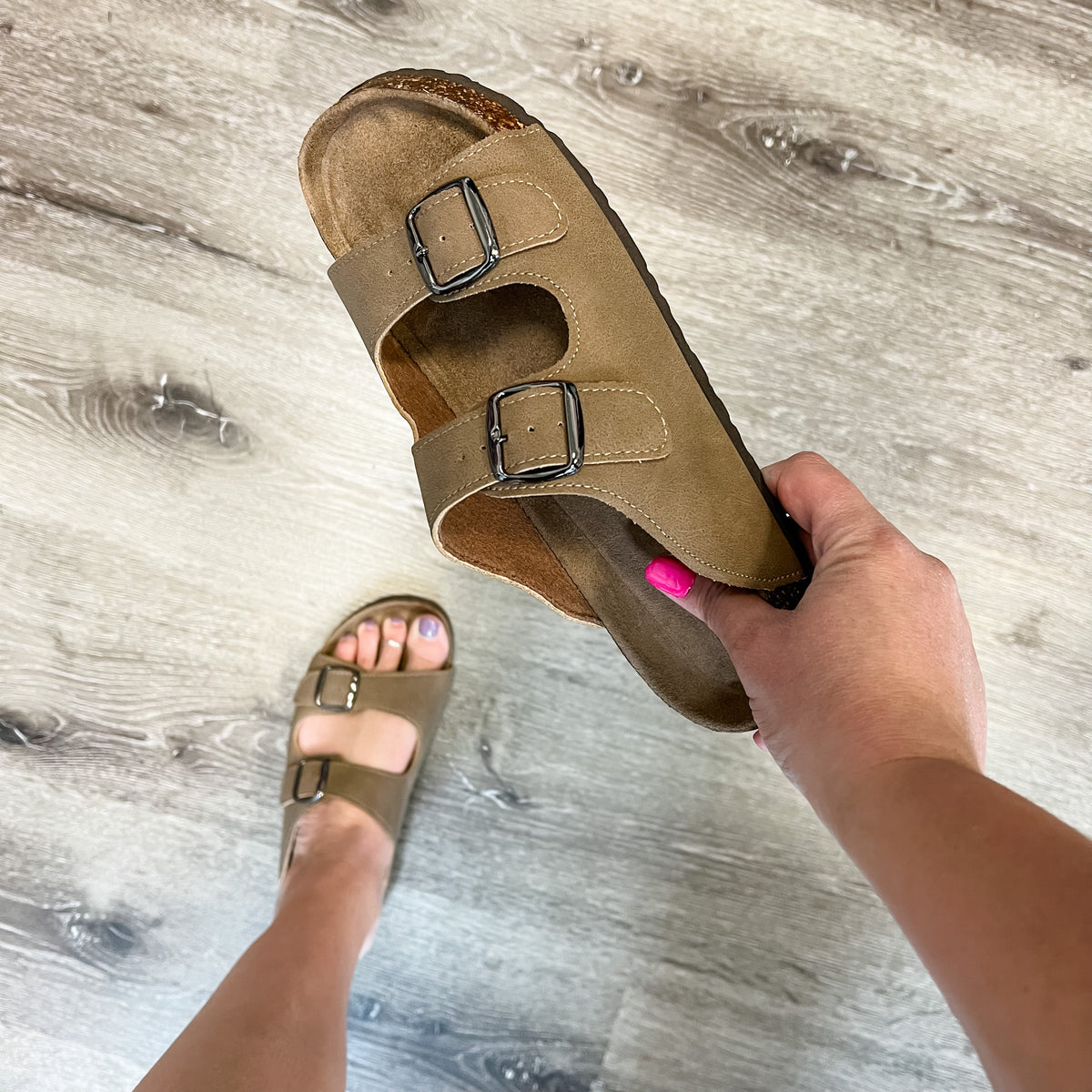 Faux Suede Double Buckle Inspired Sandals (Taupe)-Lola Monroe Boutique