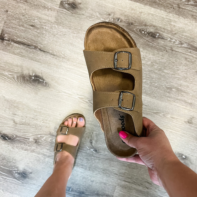 Faux Suede Double Buckle Inspired Sandals (Taupe)-Lola Monroe Boutique