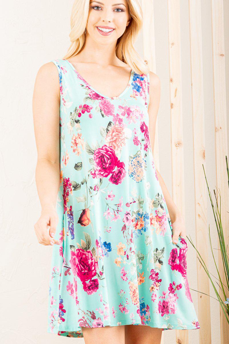 "Feeling It" V Neck Floral Tank Dress with Pockets-Lola Monroe Boutique