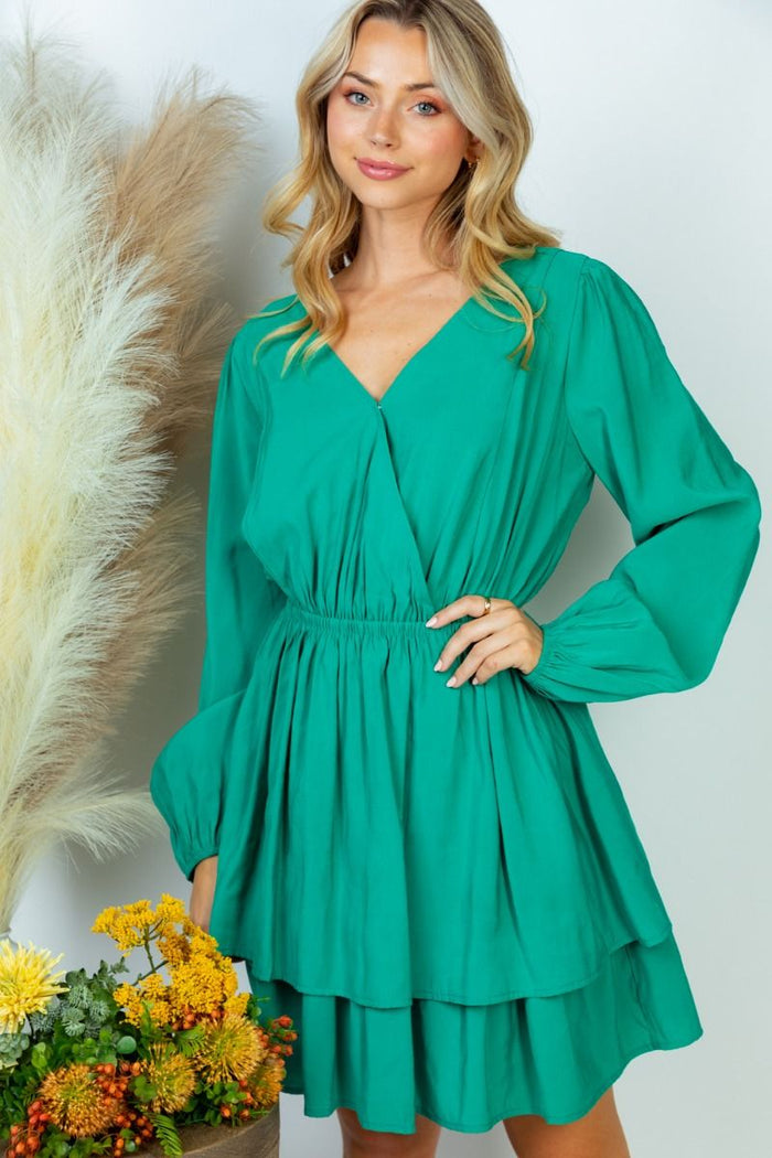 "Feeling Lucky" Long Sleeve Layered Wrap Front Dress-Lola Monroe Boutique