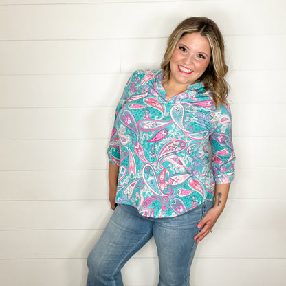 "Fling" Paisley Lizzy 3/4 Sleeve Split Neck Tops