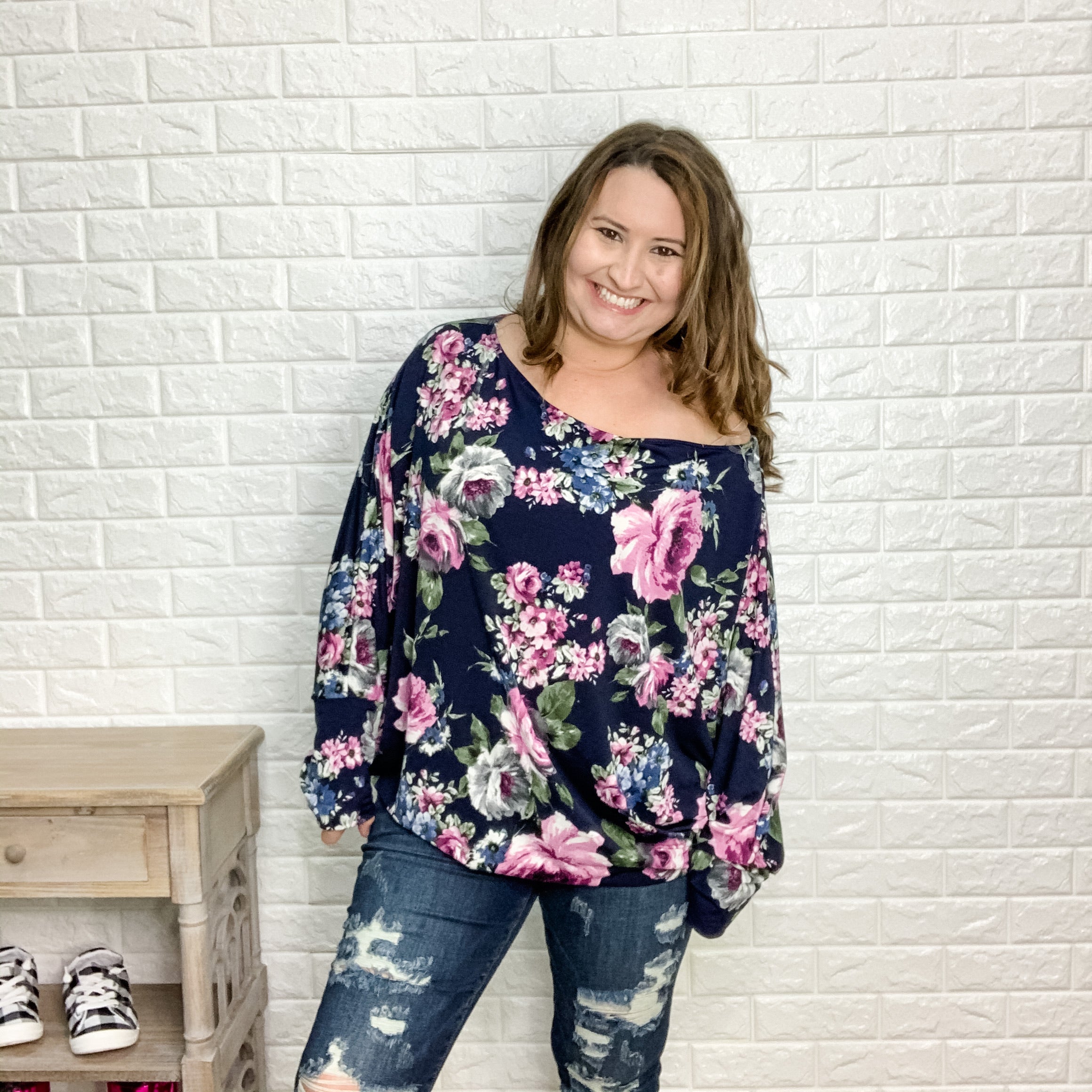 Floral Off the Shoulder Dolman Top (Navy)-Lola Monroe Boutique