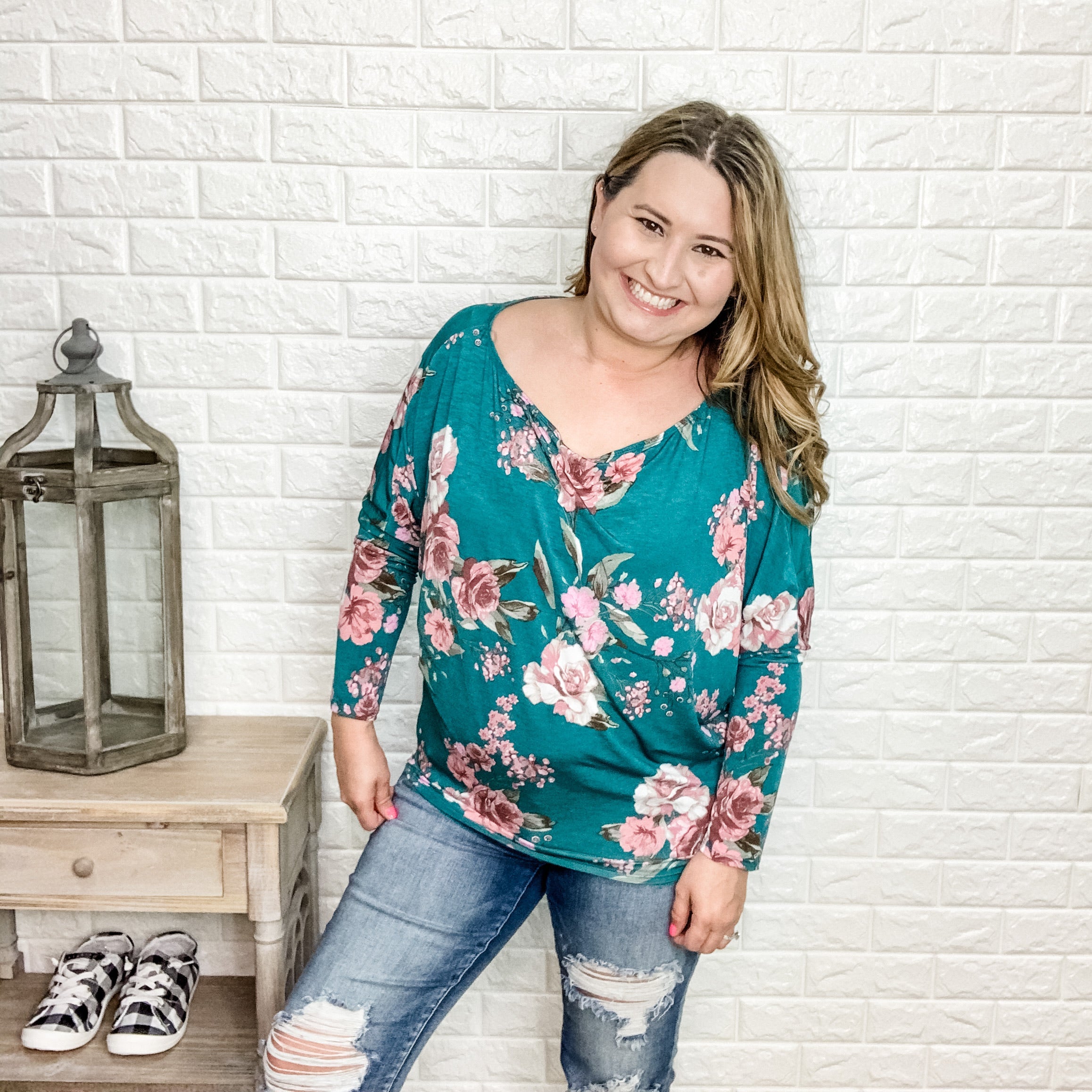 Floral Off the Shoulder Dolman Top (Teal)-Lola Monroe Boutique