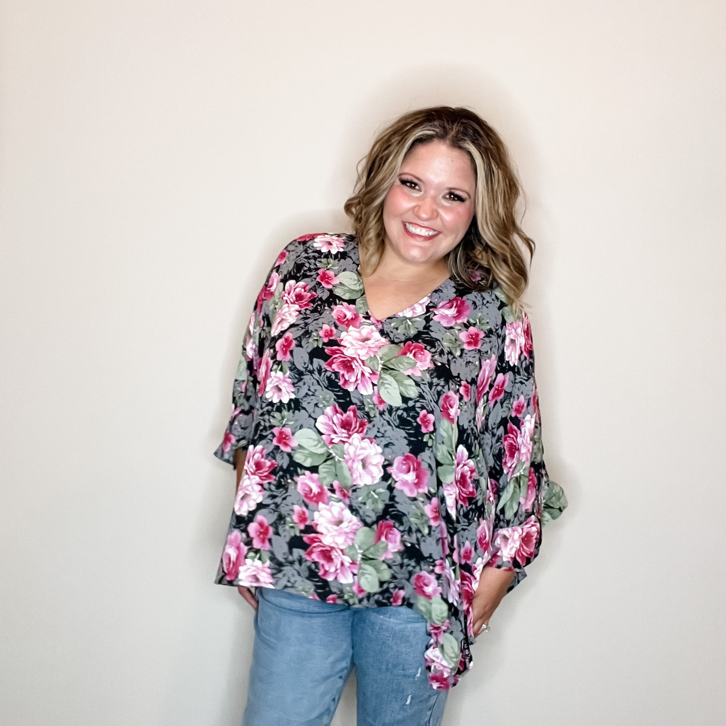 Floral Poncho Style Top-Lola Monroe Boutique