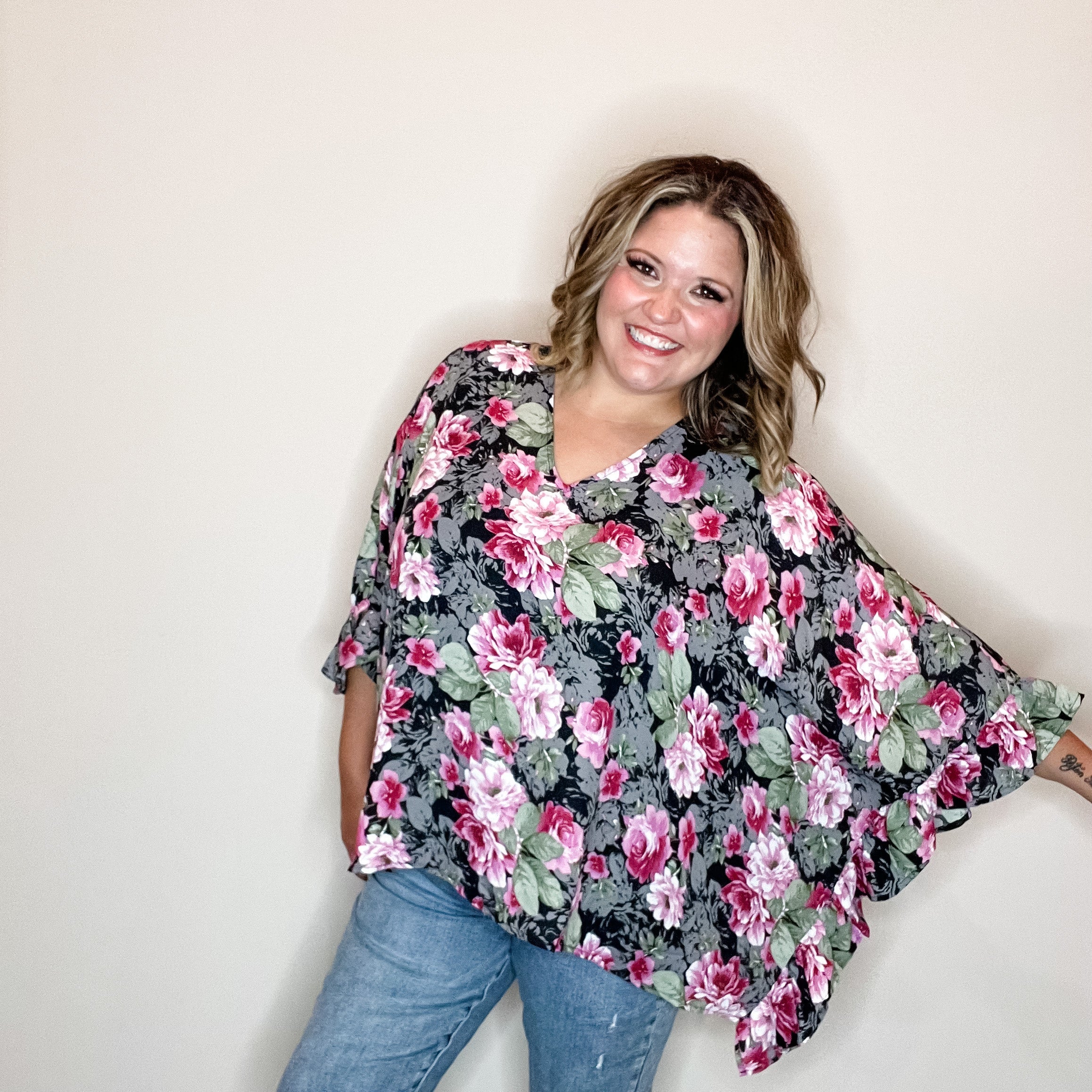 Floral Poncho Style Top-Lola Monroe Boutique