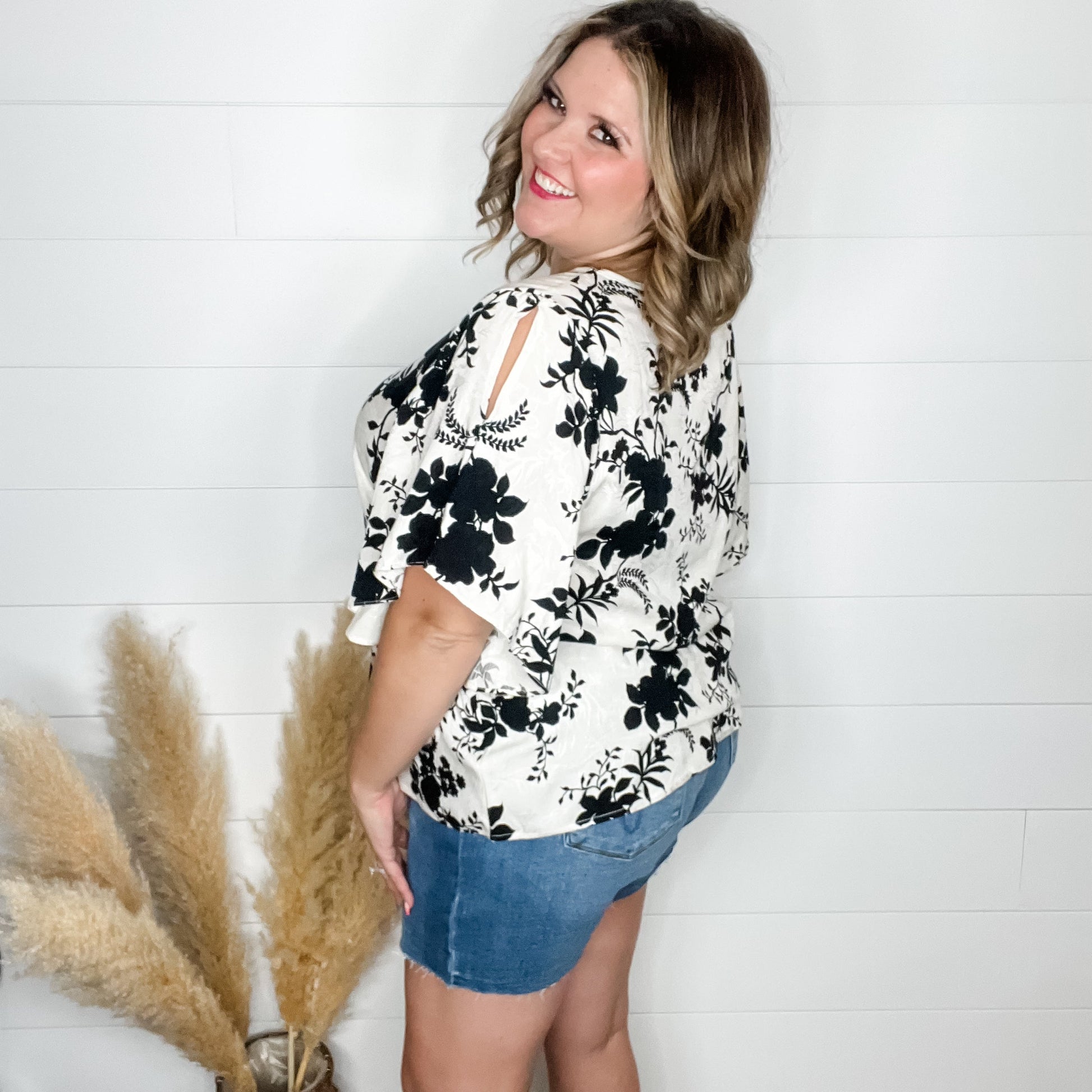 "Flutterby" Floral V Neck Flutter Sleeve Top