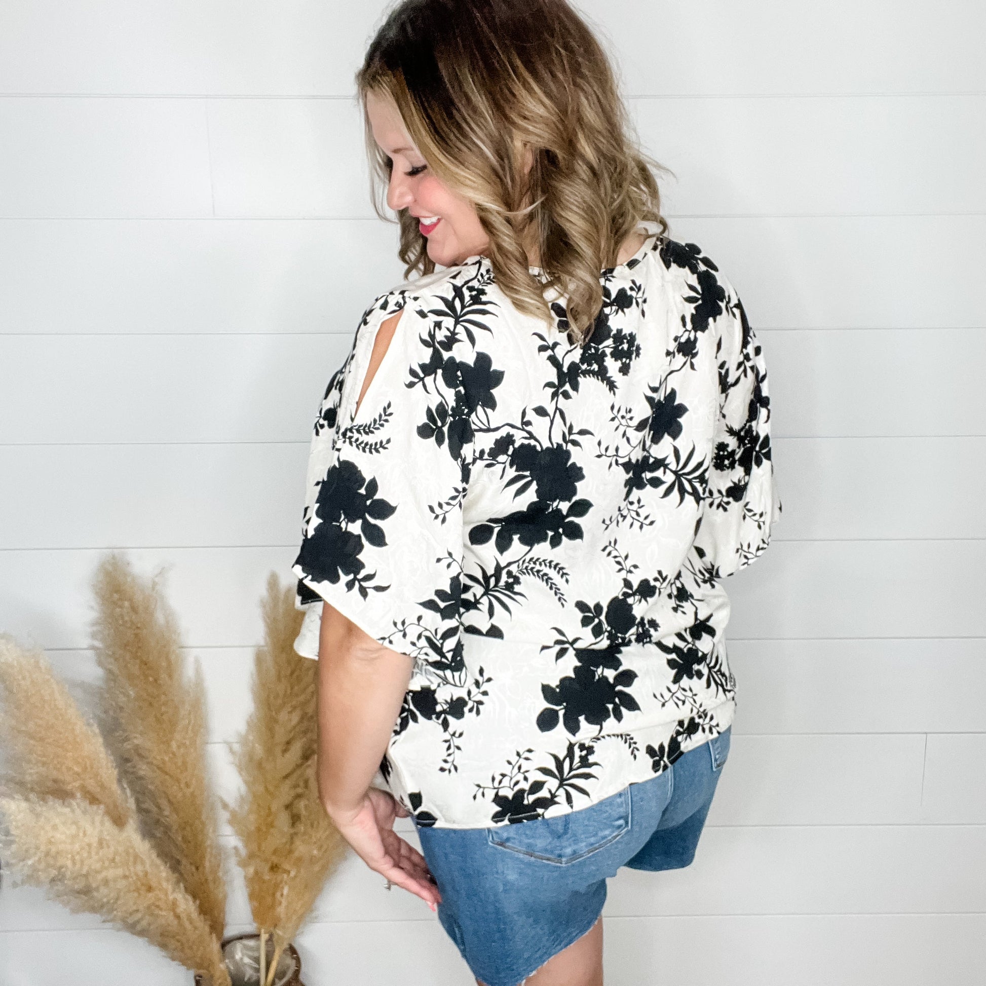 "Flutterby" Floral V Neck Flutter Sleeve Top