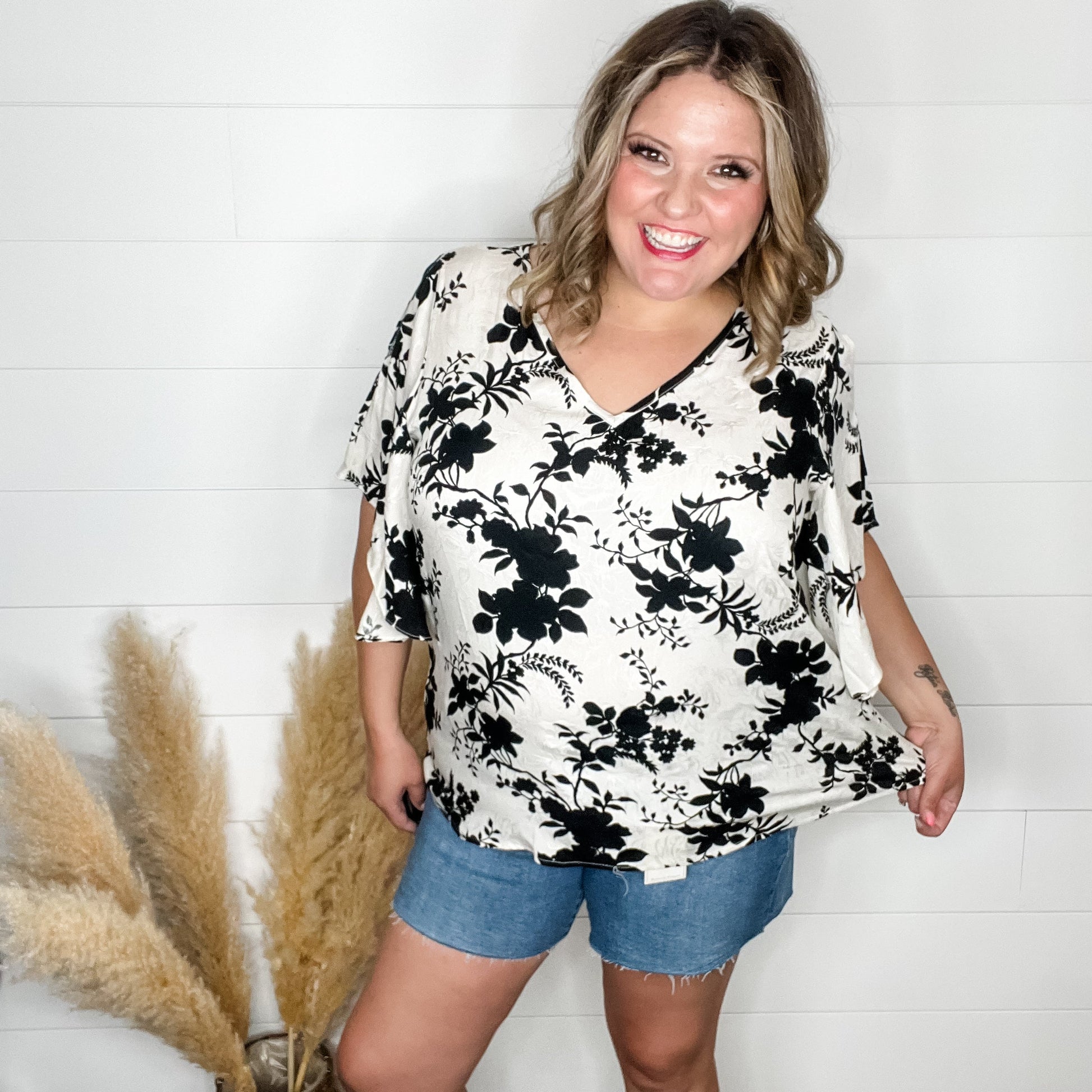 "Flutterby" Floral V Neck Flutter Sleeve Top