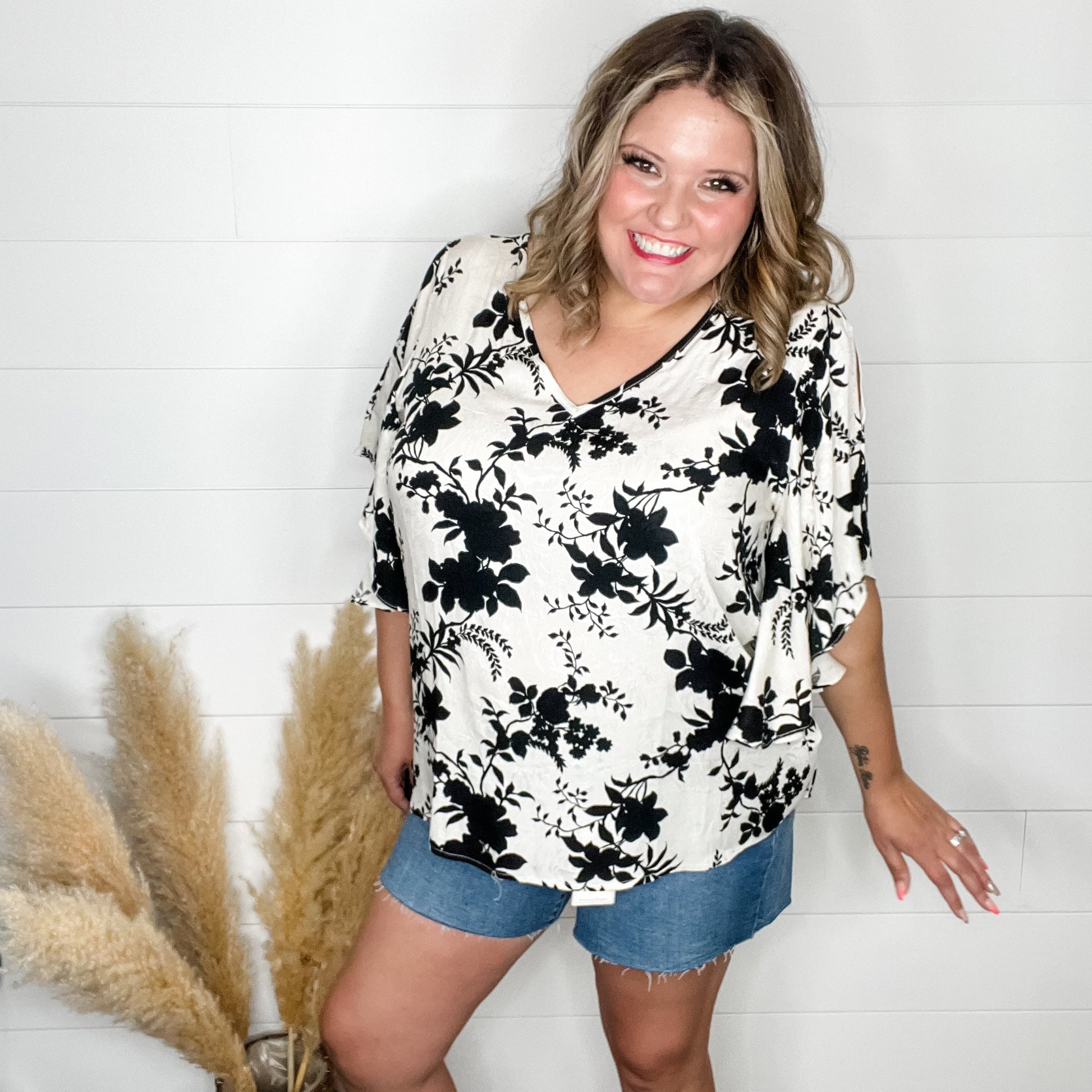 "Flutterby" Floral V Neck Flutter Sleeve Top