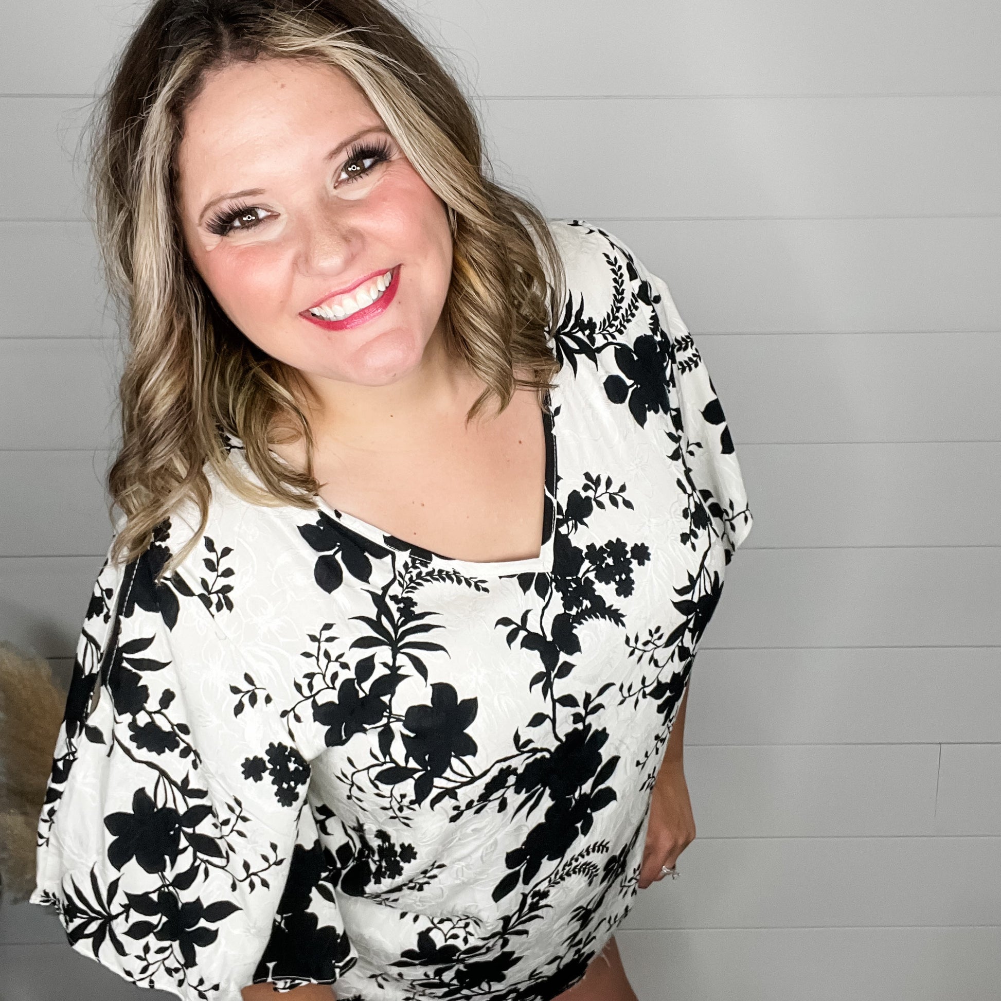 "Flutterby" Floral V Neck Flutter Sleeve Top