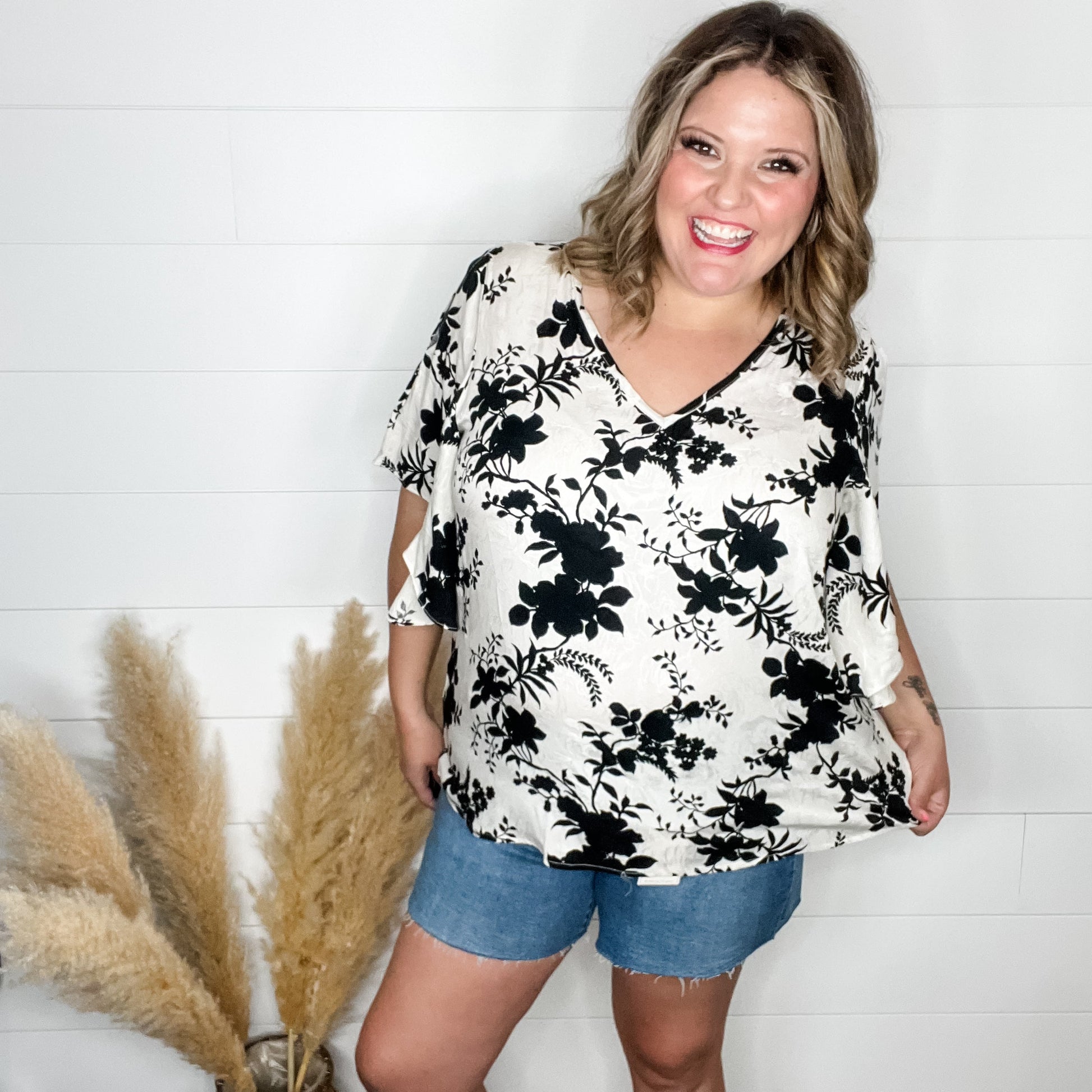 "Flutterby" Floral V Neck Flutter Sleeve Top