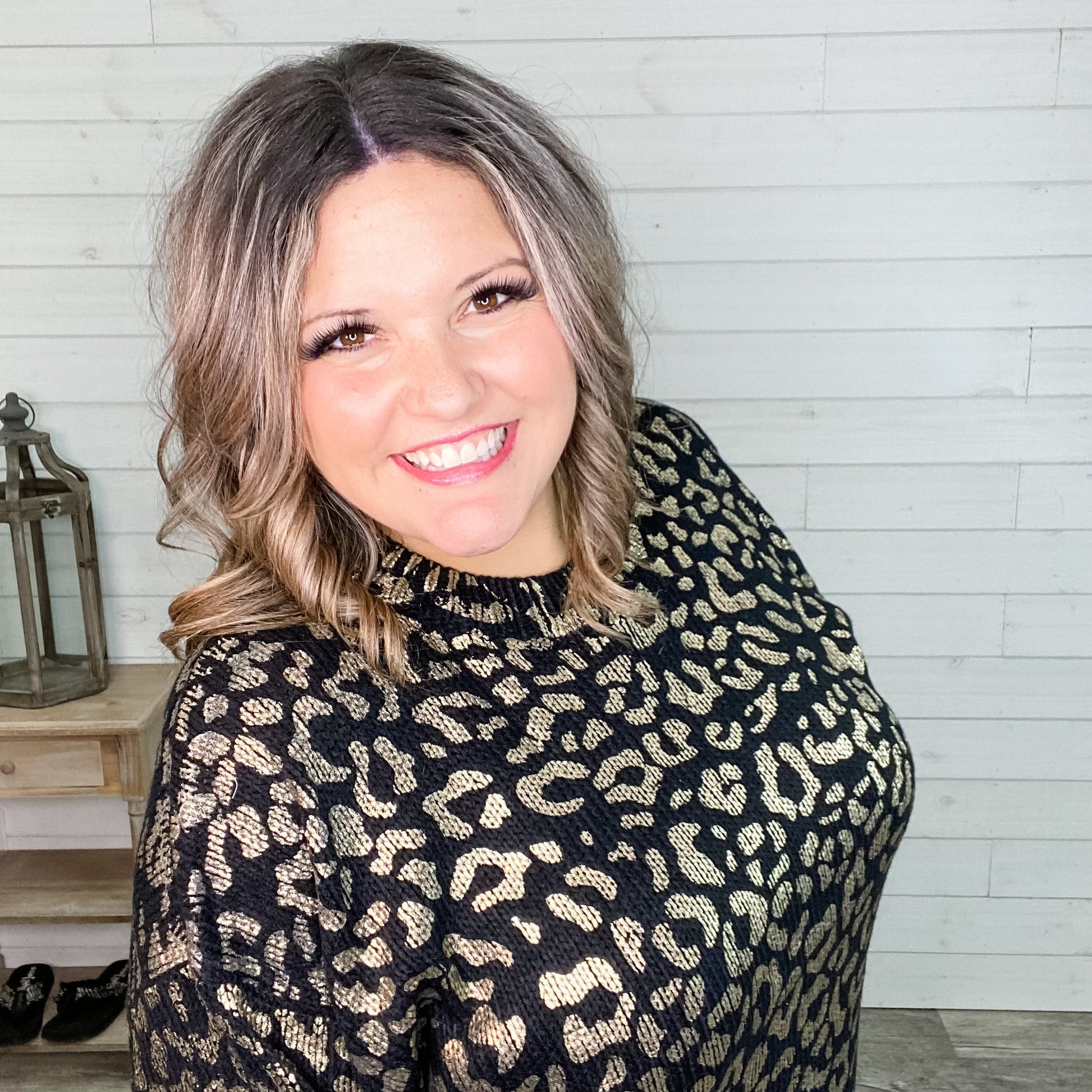 Foil Leopard Print Balloon Sleeve Sweater (Ivory or Black)