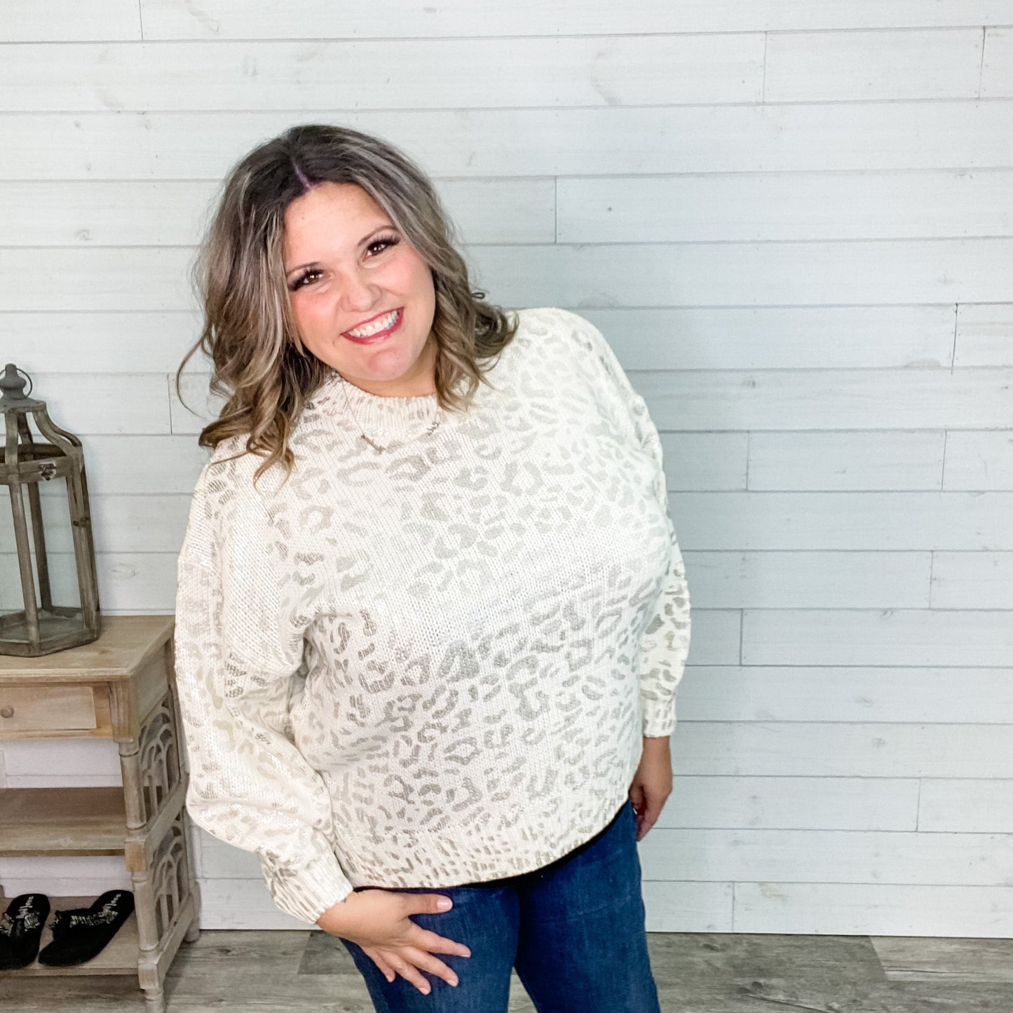 Foil Leopard Print Balloon Sleeve Sweater (Ivory or Black)