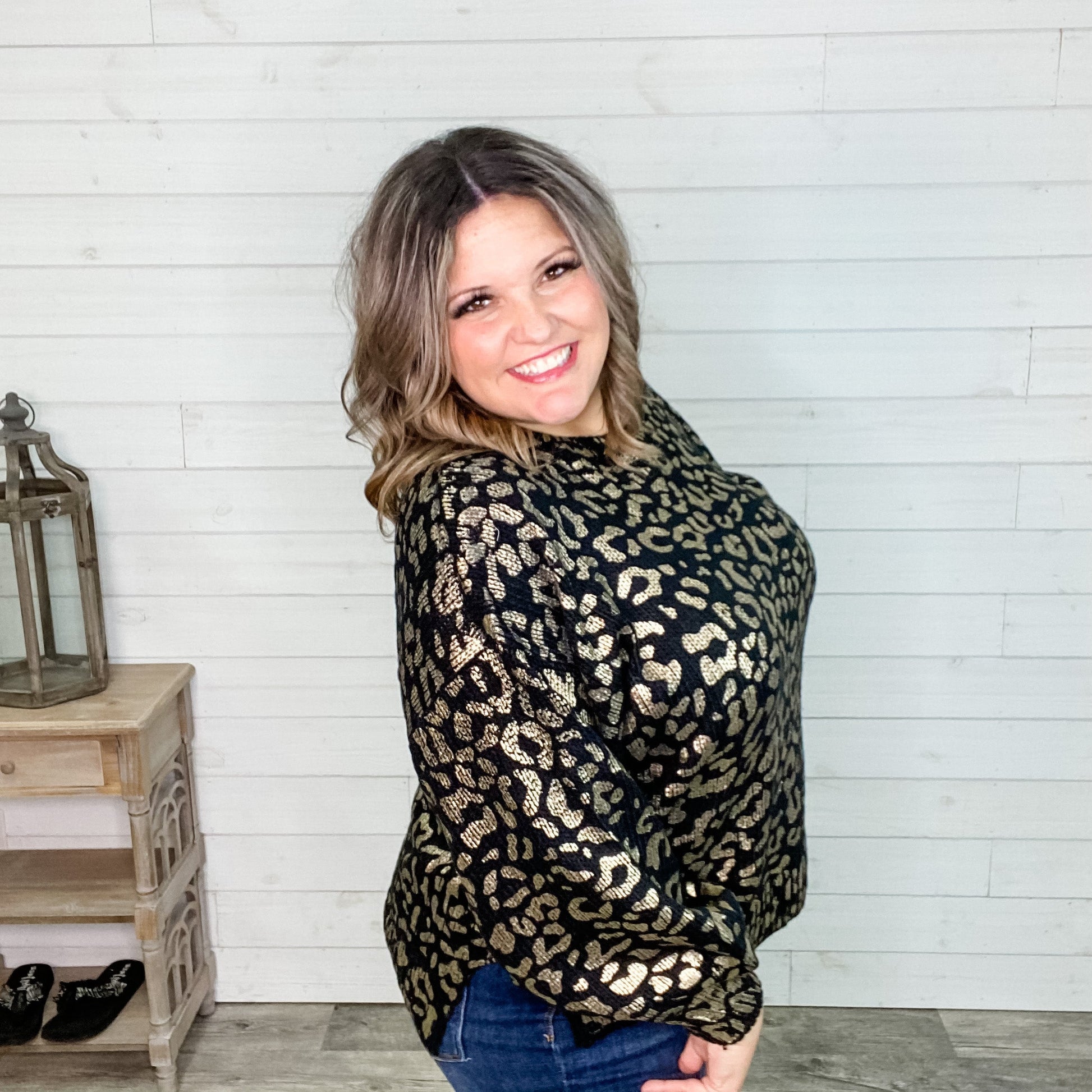 Foil Leopard Print Balloon Sleeve Sweater (Ivory or Black)