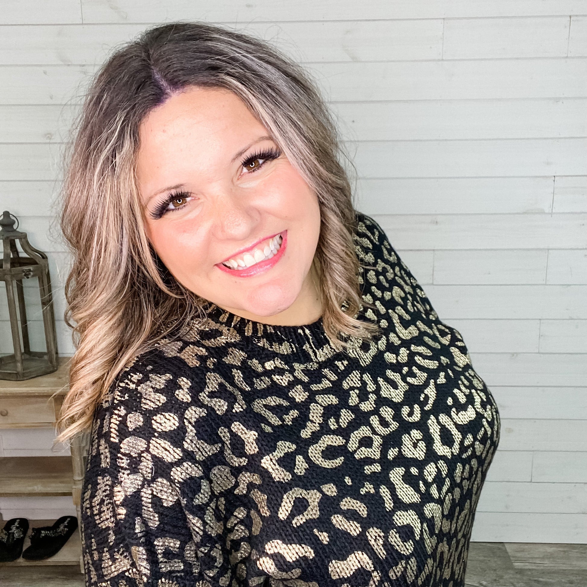 Foil Leopard Print Balloon Sleeve Sweater (Ivory or Black)