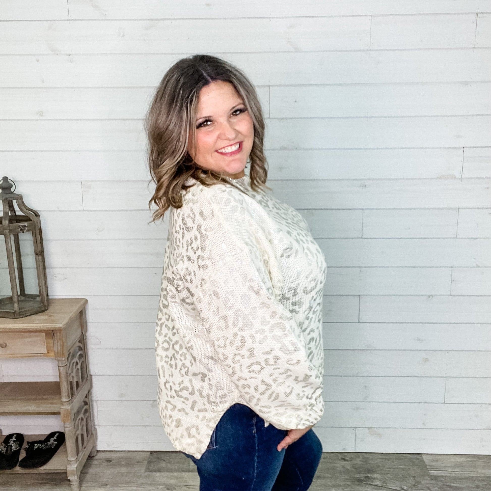 Foil Leopard Print Balloon Sleeve Sweater (Ivory or Black)