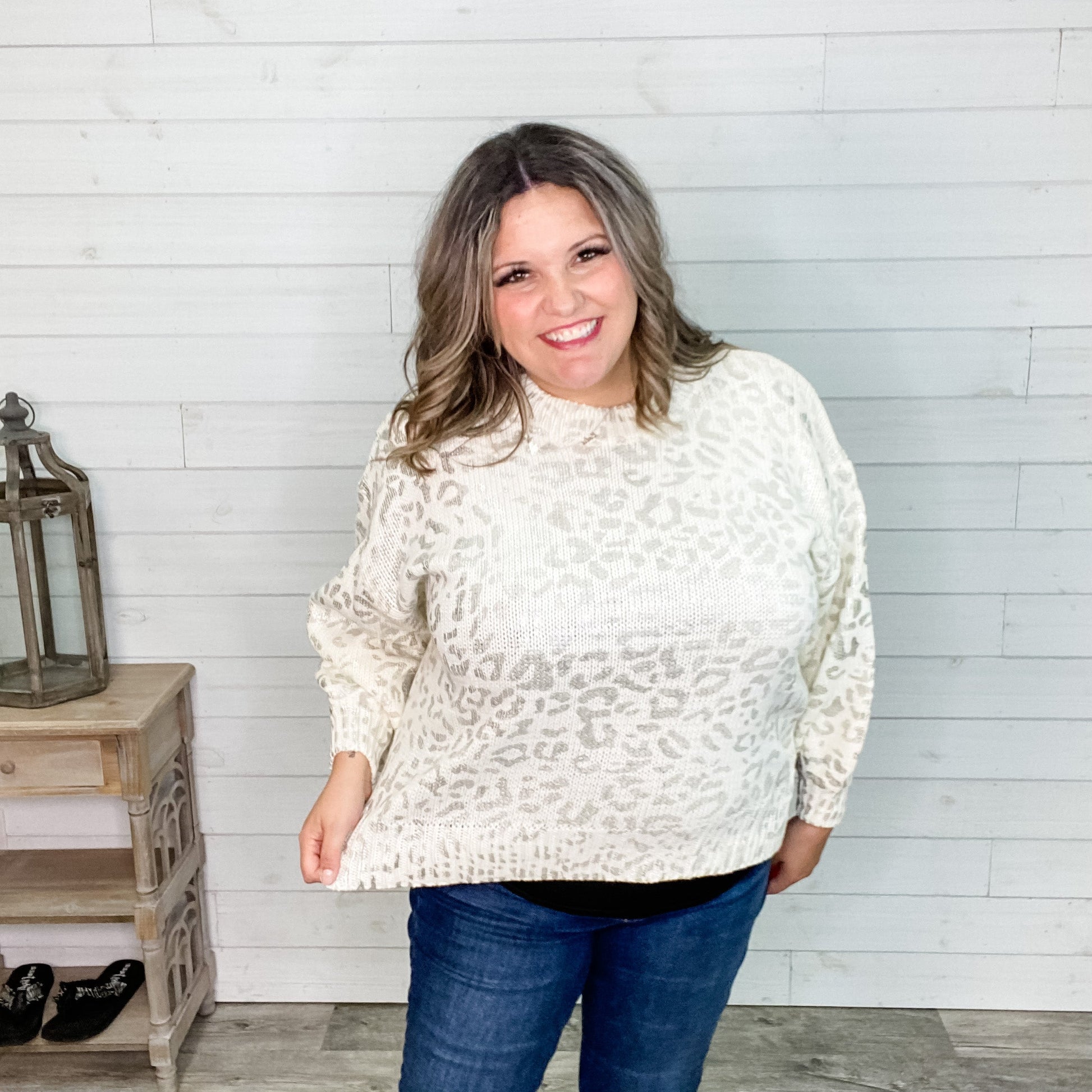 Foil Leopard Print Balloon Sleeve Sweater (Ivory or Black)