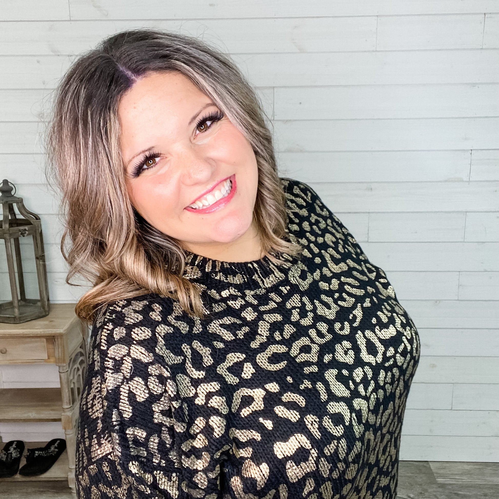 Foil Leopard Print Balloon Sleeve Sweater (Ivory or Black)