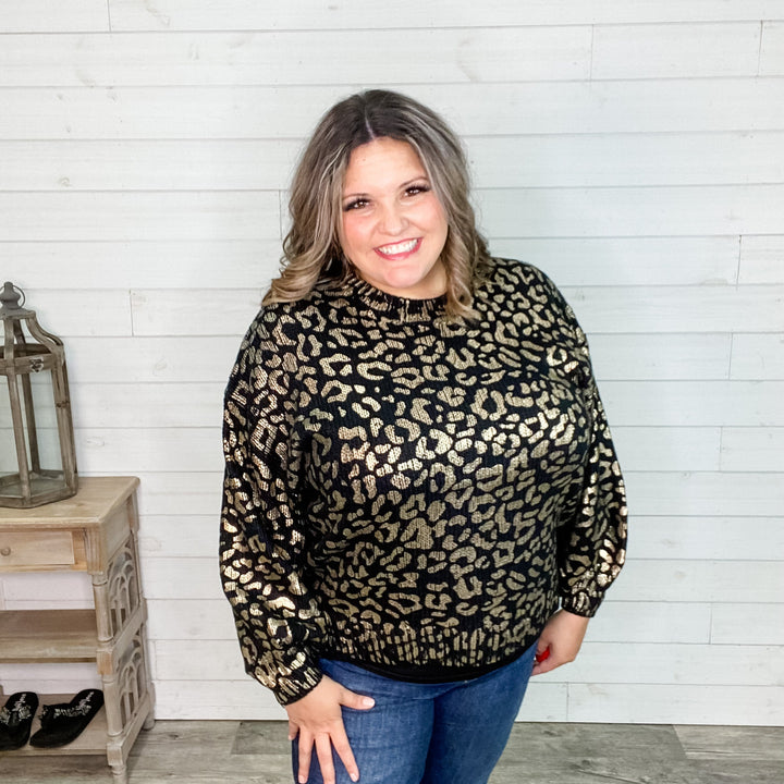 Foil Leopard Print Balloon Sleeve Sweater (Ivory or Black)