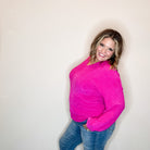 "Fool Me Once" Chenille V Neck Sweater (Fuchsia)-Lola Monroe Boutique