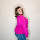 "Fool Me Once" Chenille V Neck Sweater (Fuchsia)-Lola Monroe Boutique