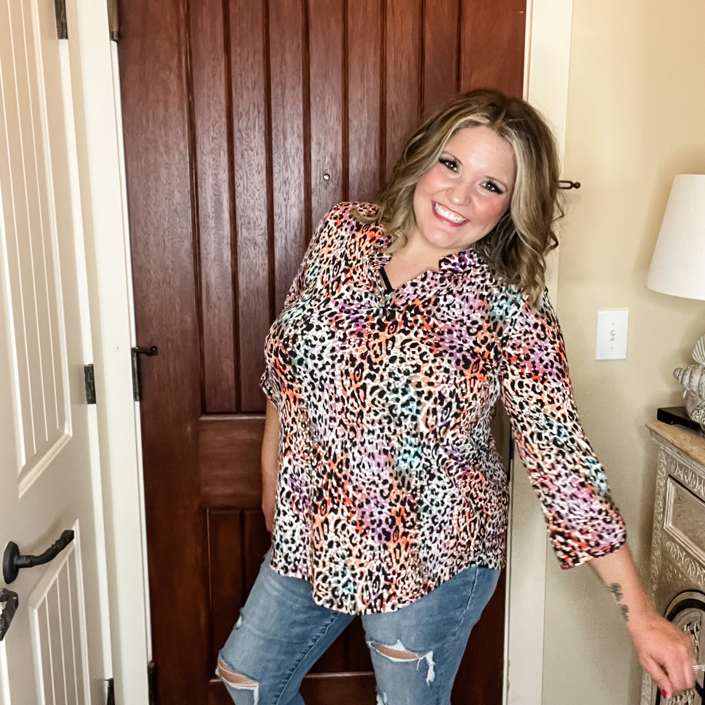 "Freshman" Animal Print Lizzy 3/4 Sleeve Split Neck-Lola Monroe Boutique