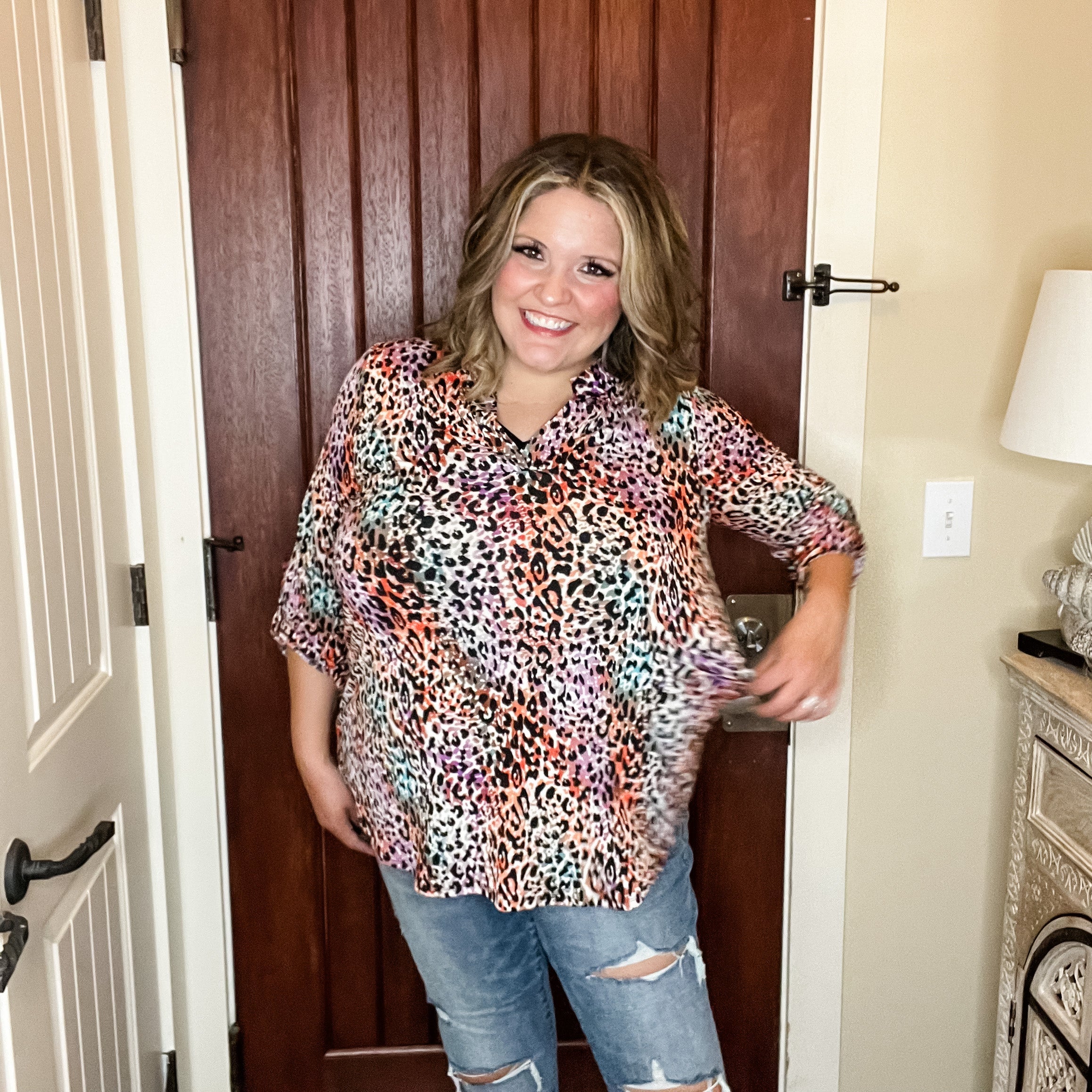 "Freshman" Animal Print Lizzy 3/4 Sleeve Split Neck-Lola Monroe Boutique