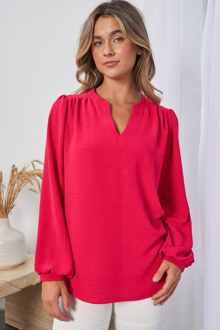 "Gamble" Long Sleeve Split Neck (Fuchsia)-Lola Monroe Boutique