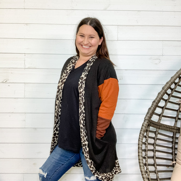 "Gemma" Waffle Texture Colorblock Cardigan with Animal Accents-Lola Monroe Boutique