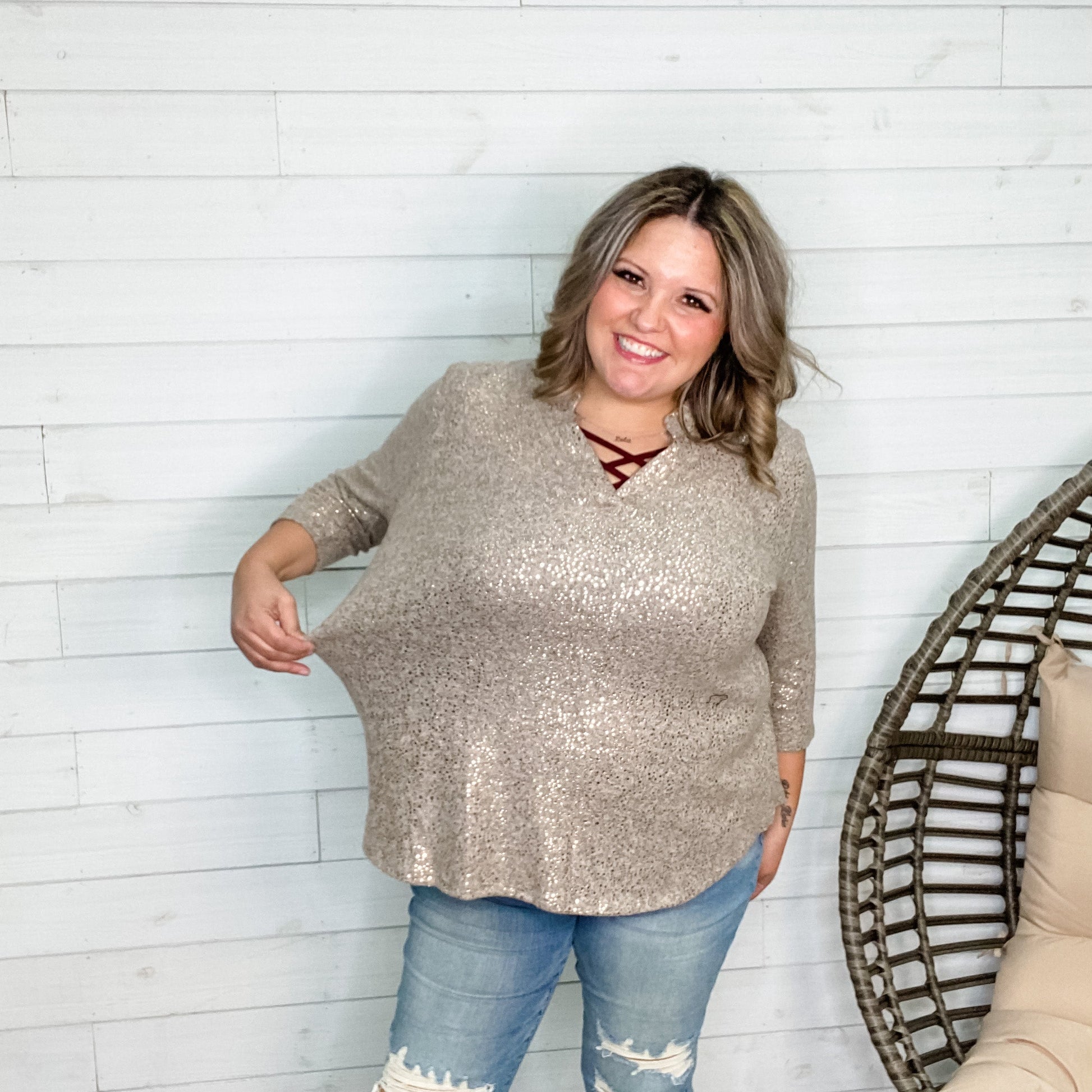 "Genesis" Lizzy 3/4 Sleeve Split Neck Foil Detail