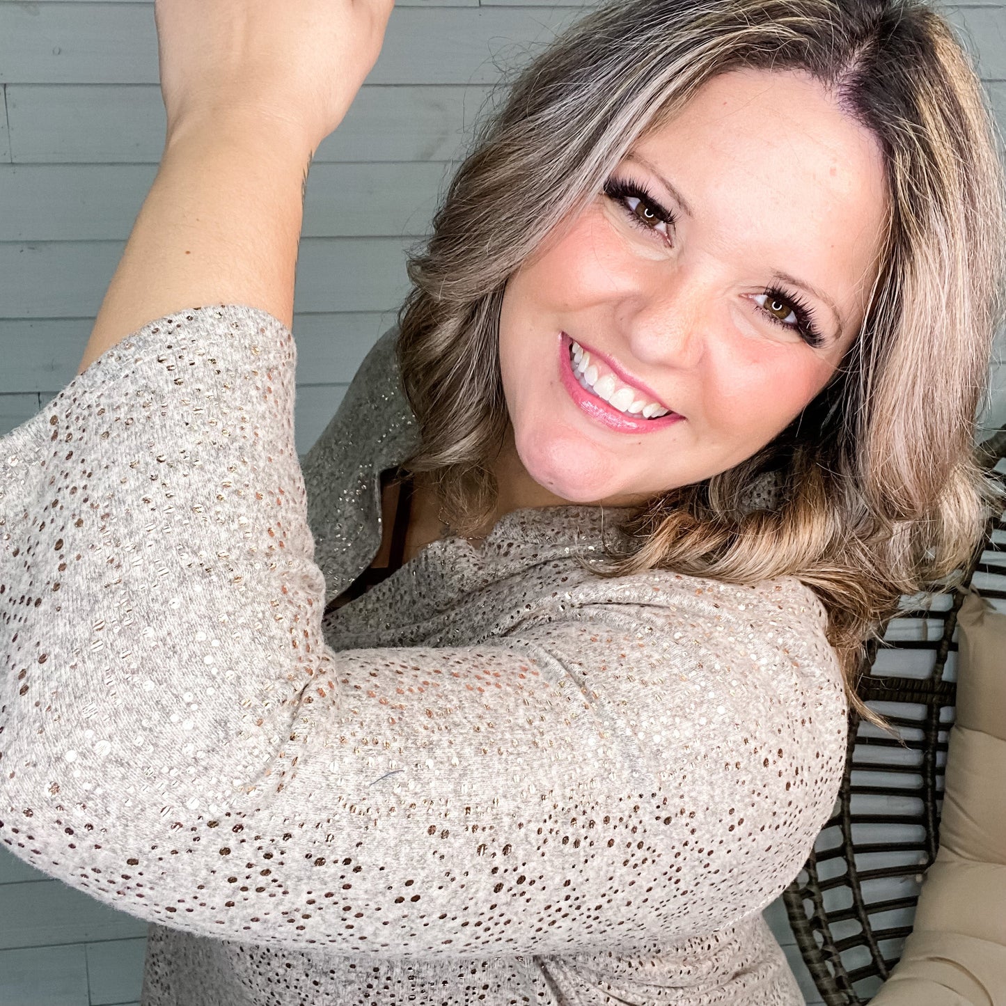 "Genesis" Lizzy 3/4 Sleeve Split Neck Foil Detail