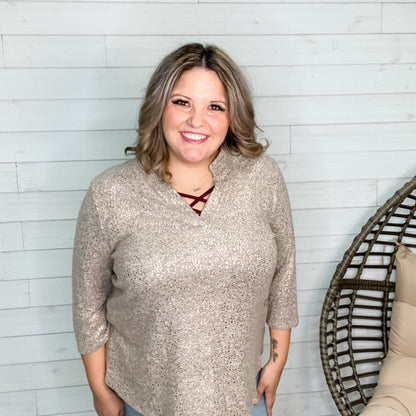 "Genesis" Lizzy 3/4 Sleeve Split Neck Foil Detail